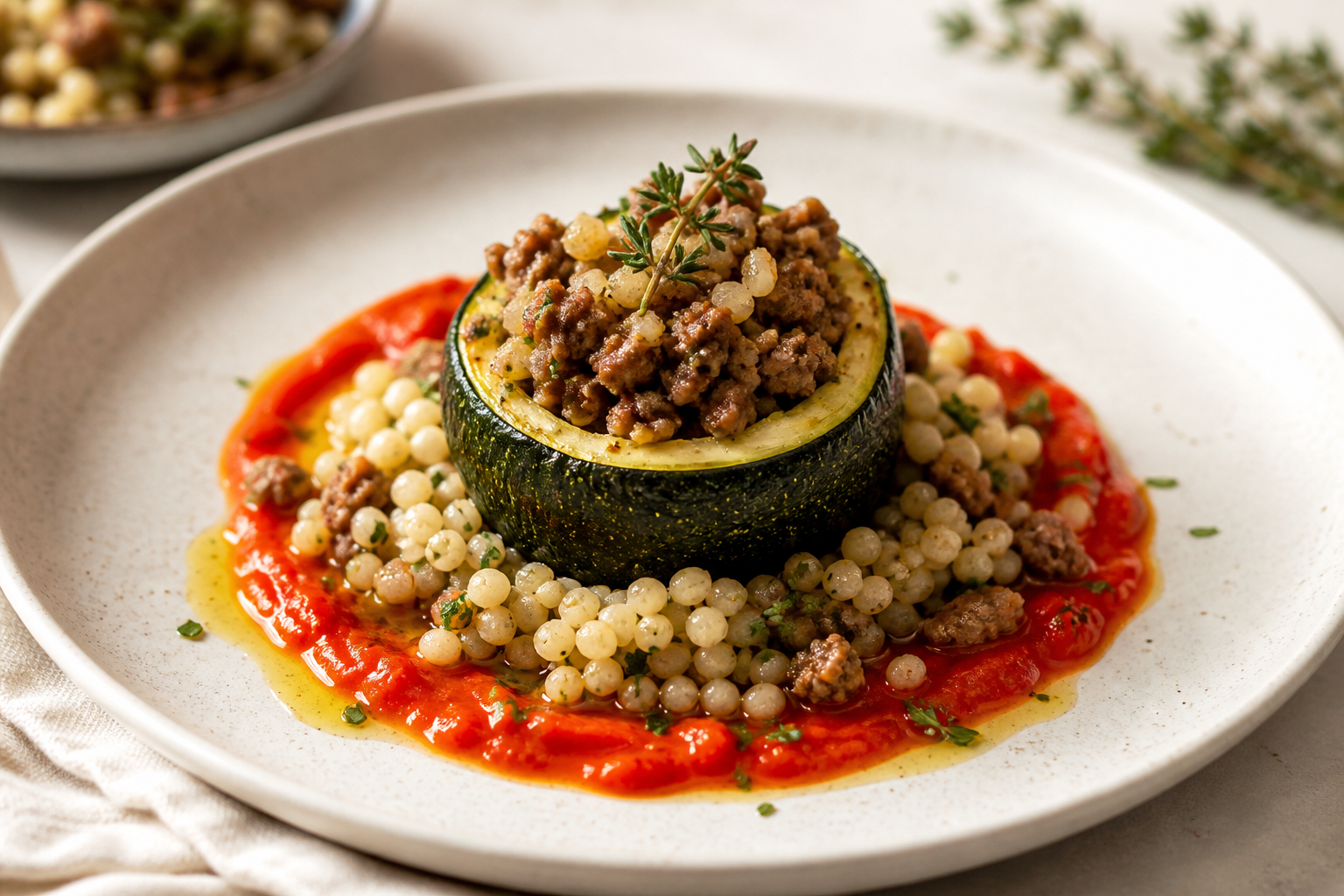 Mediterranean Zucchini Crowns with Thyme Lamb, Lemon Barley and Roasted Pepper Sauce