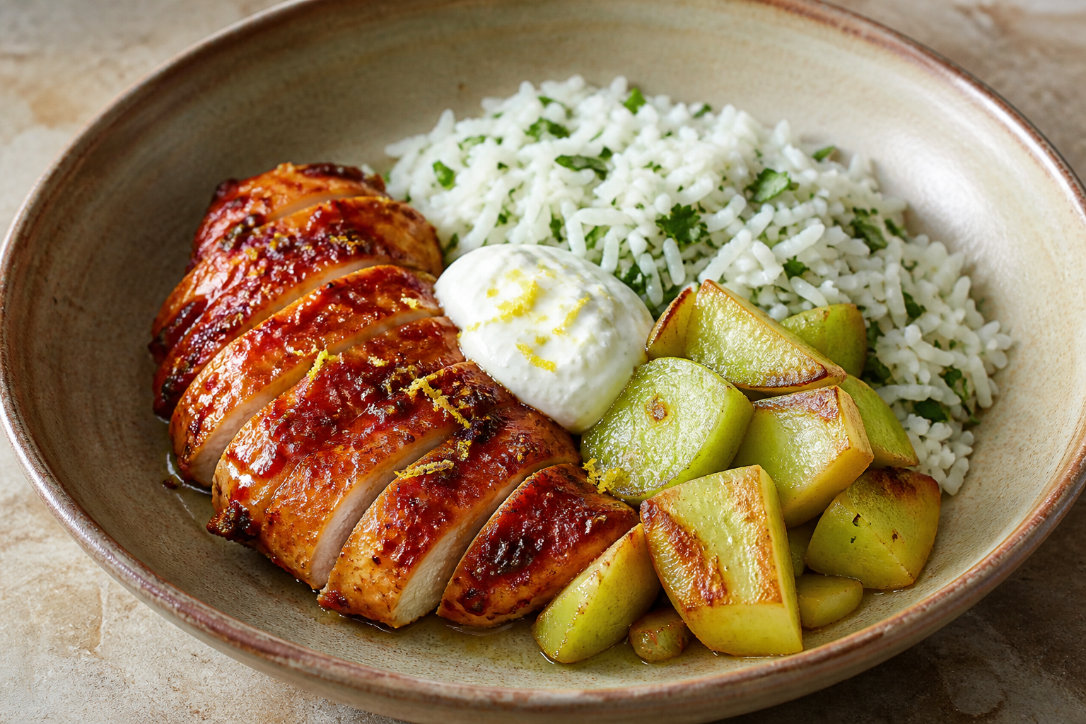 Tazón tibio de pollo al chile guajillo y naranja con arroz de cilantro, chayote dorado y crema de requesón al limón