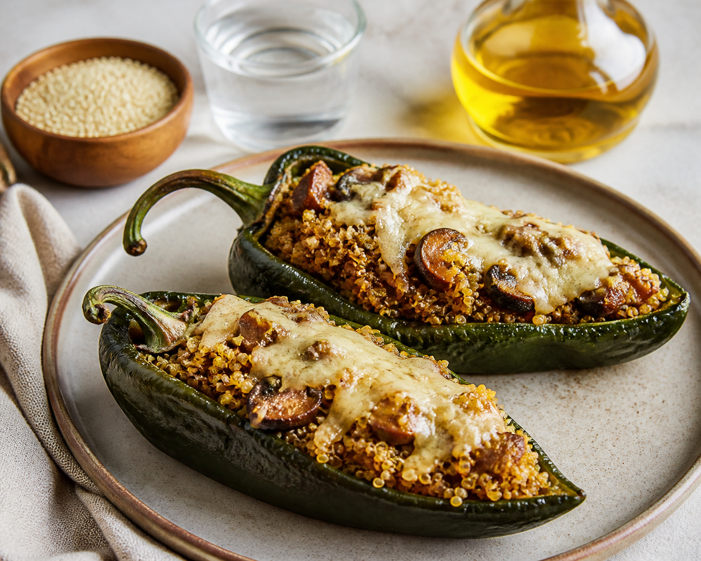 Pimientos poblanos rellenos de quinoa crujiente, champiñones al chipotle suave y queso gratinado