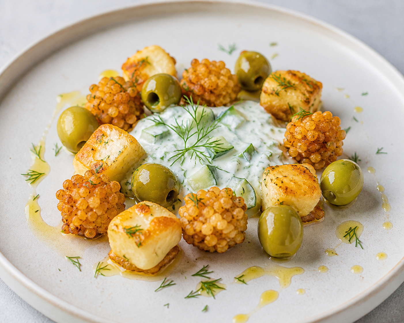 Crispy pearl couscous, green olive and scamorza bites with yogurt, cucumber and dill dip