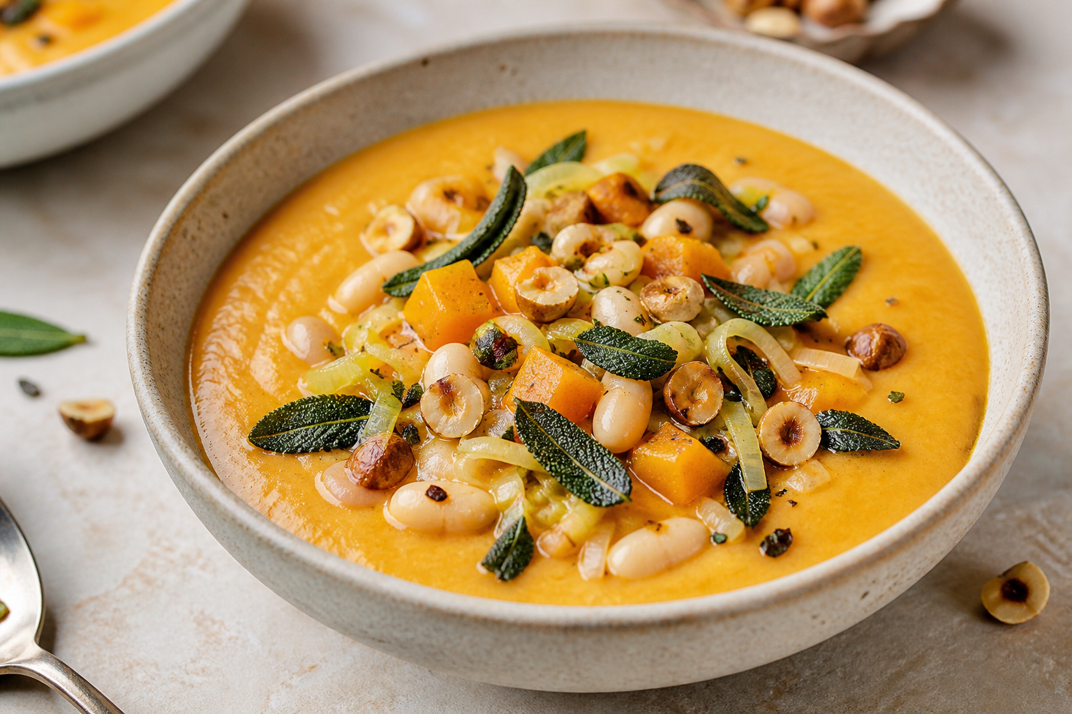 Sopa cremosa de calabaza moscada, puerro y alubias blancas con salvia crujiente y avellanas tostadas