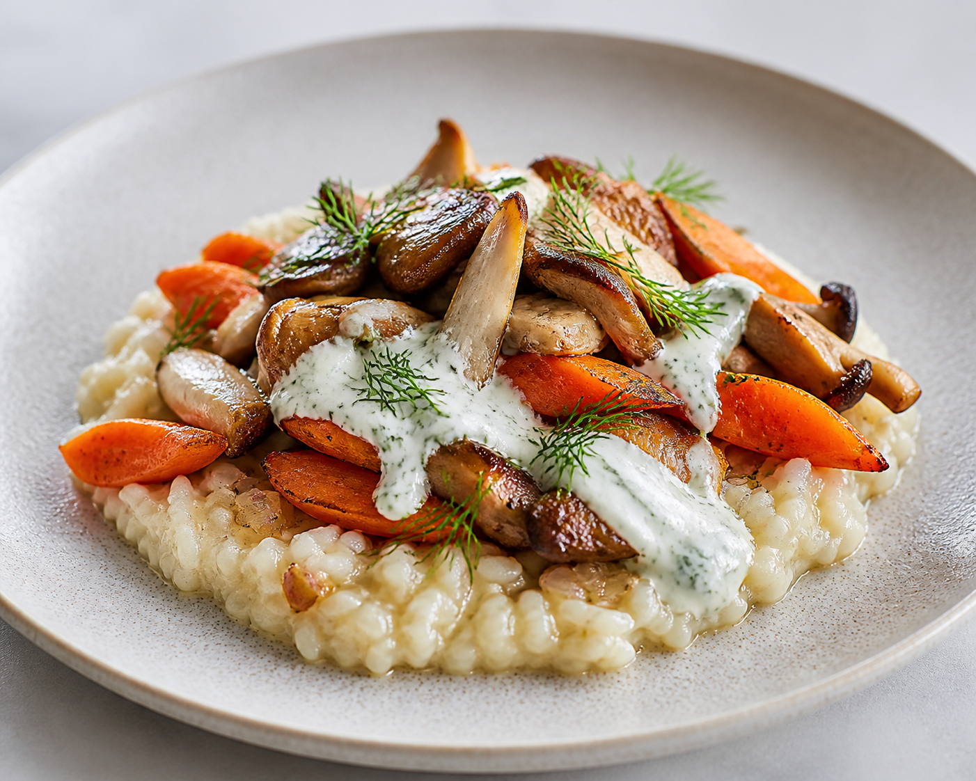 Arroz meloso de zanahoria especiada, setas salteadas y crema ligera de yogur con eneldo