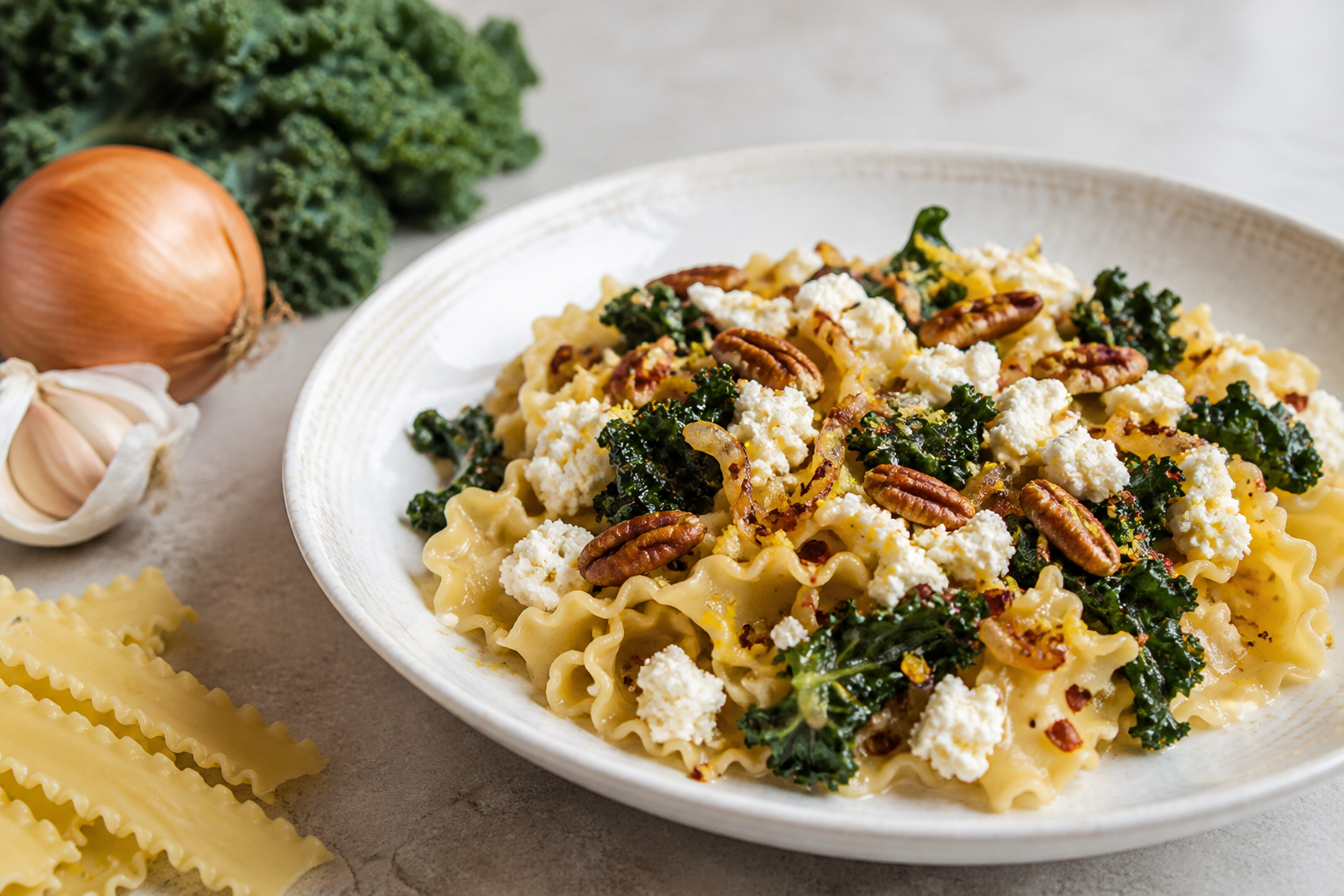 Creamy mafalde with braised kale, golden onion and smoked ricotta with lemon, mild chili and toasted pecans