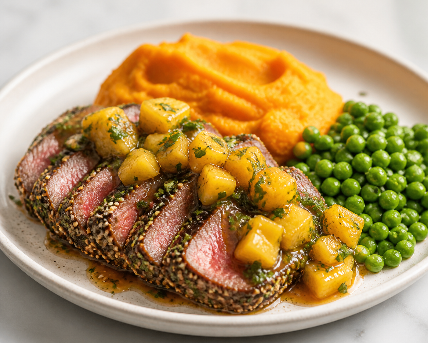 Beef Steak with Sesame-Cilantro Crust, Warm Roasted Pineapple Ginger Sauce, with Sweet Potato Mash and Sautéed Peas