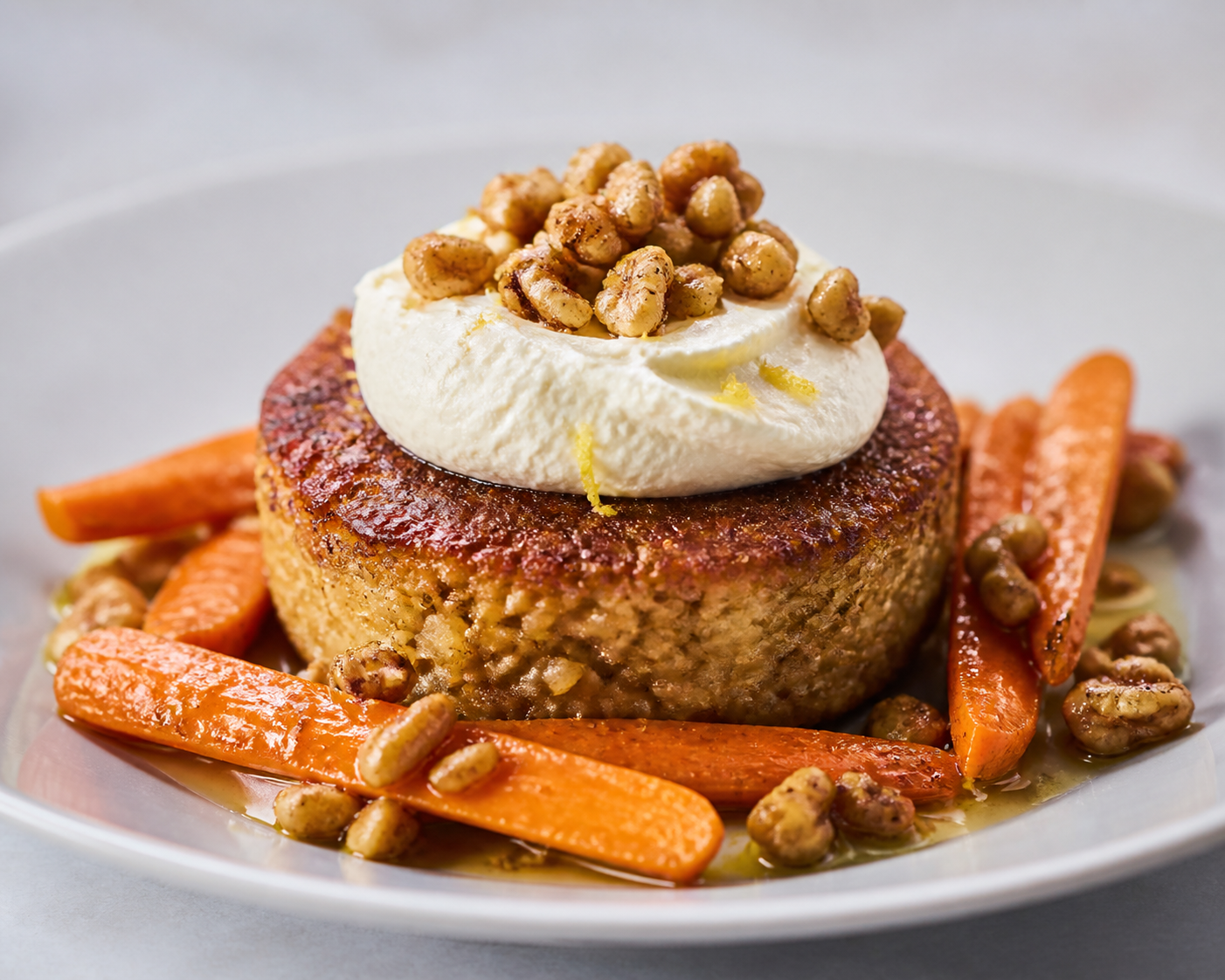 Timbal crujiente de arroz integral con zanahoria asada, ricotta batida al limón y nueces especiadas
