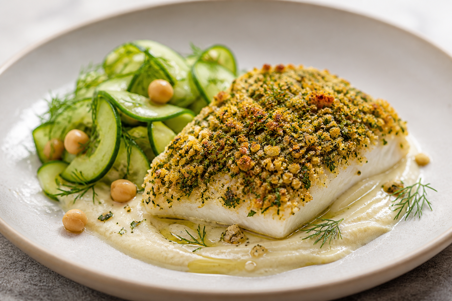 Pescado al horno con costra de garbanzo y hierbas, crema de col asada y ensalada tibia de pepino y eneldo