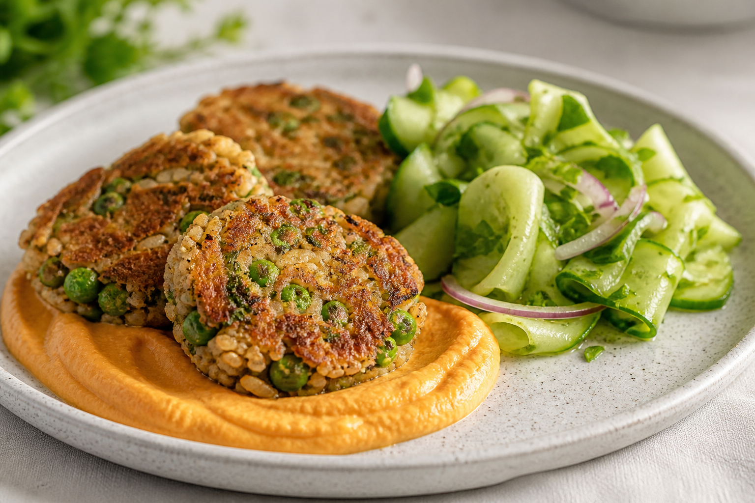 Tortitas crujientes de arroz y guisantes con crema tibia de zanahoria al tahini y ensalada de pepino, hierbas y limón
