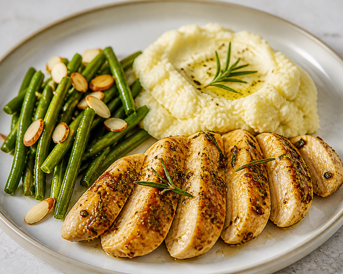 Pollo al romero y mostaza suave con puré de coliflor asada y judías verdes a la almendra