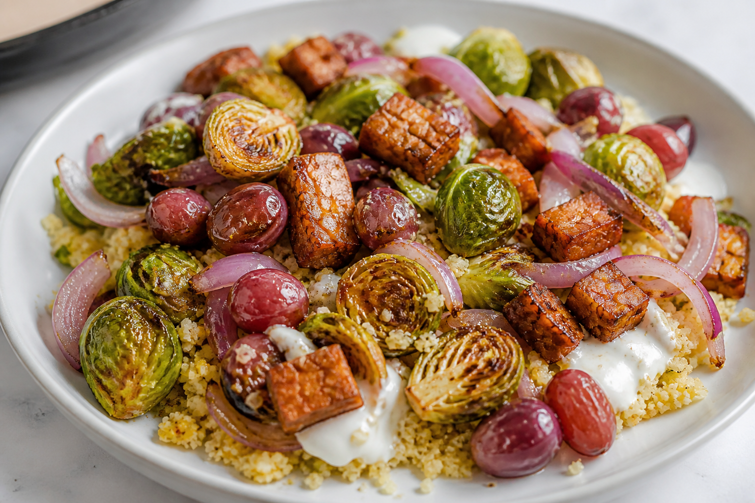 Bandeja de coles de Bruselas y uvas asadas con mijo especiado, tempeh crujiente y crema de tahini al limón