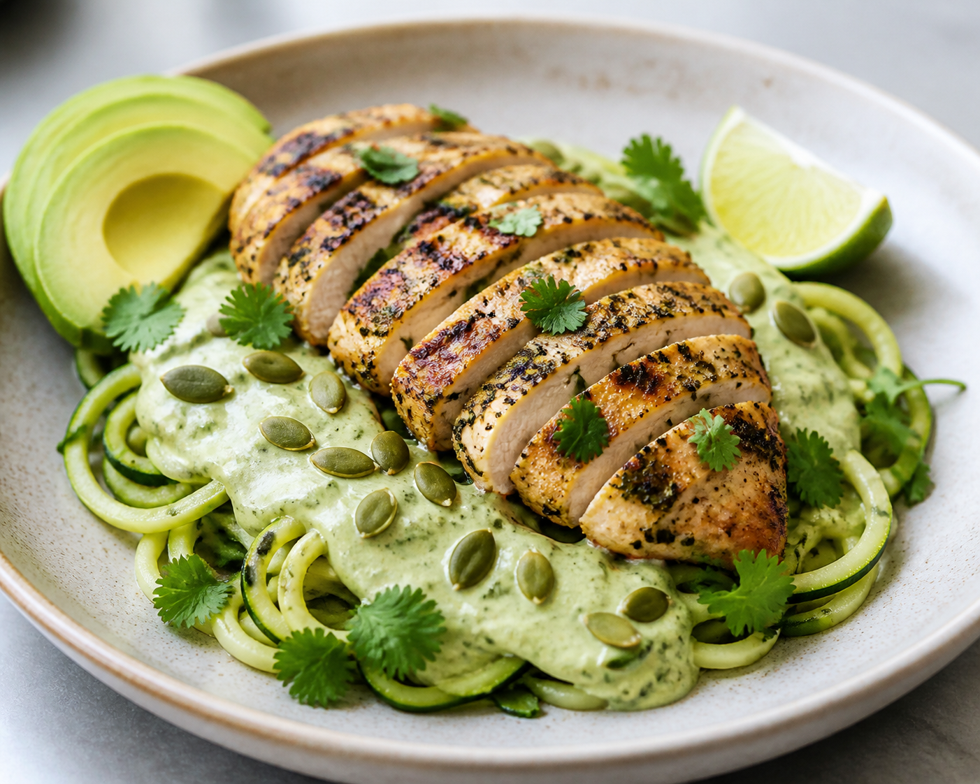 Pollo al cilantro y lima con espaguetis de calabacín, crema tibia de aguacate y pepitas tostadas