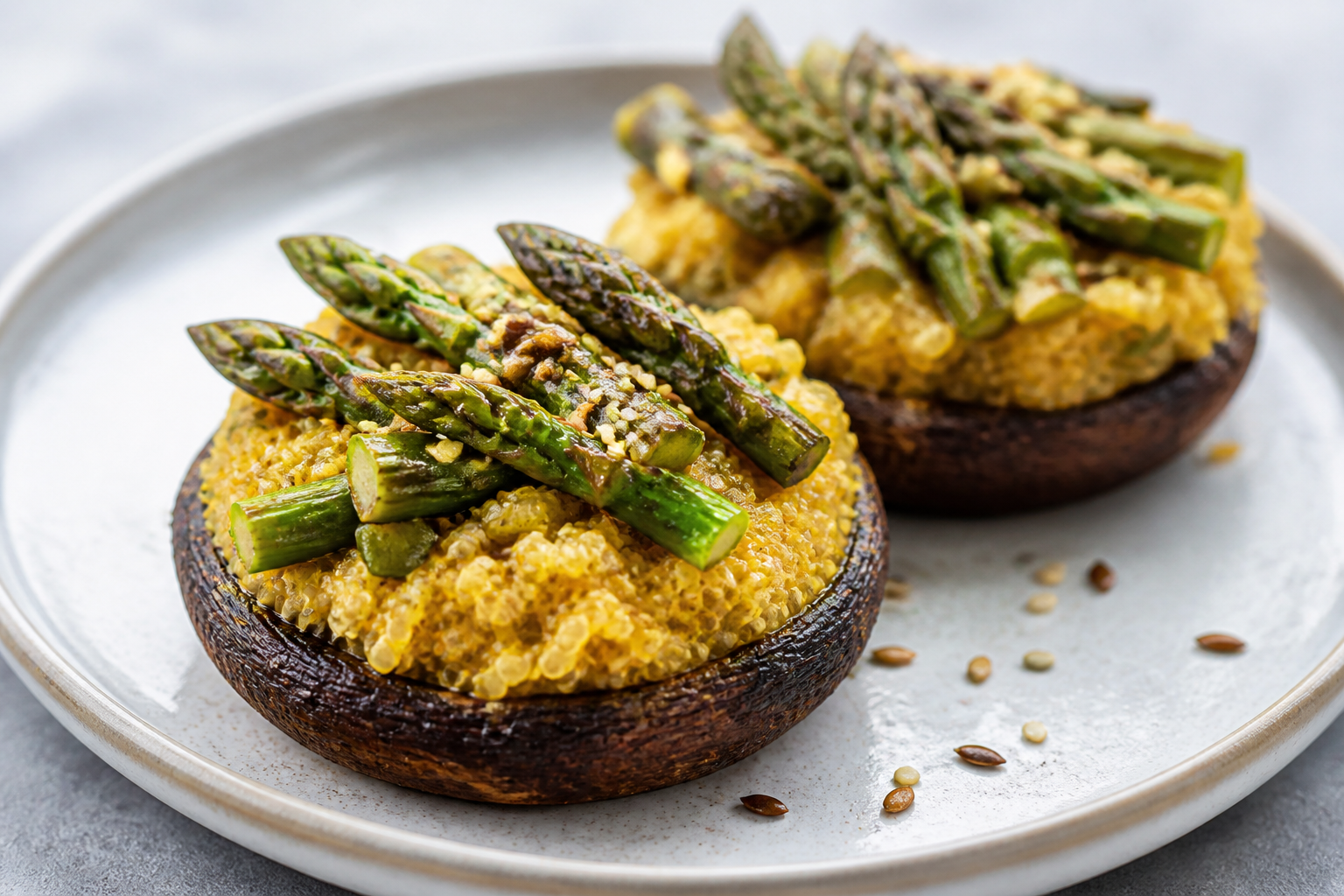 Portobellos Stuffed with Creamy Saffron Quinoa, Roasted Asparagus and Seed Crunch