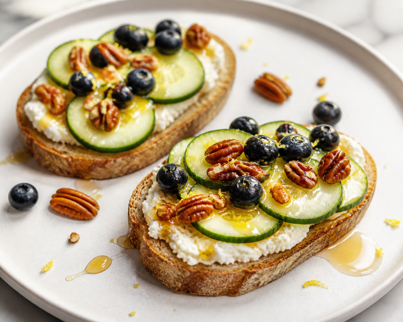 Express lemon ricotta toasts with cucumber, blueberries, hot honey, and pecans