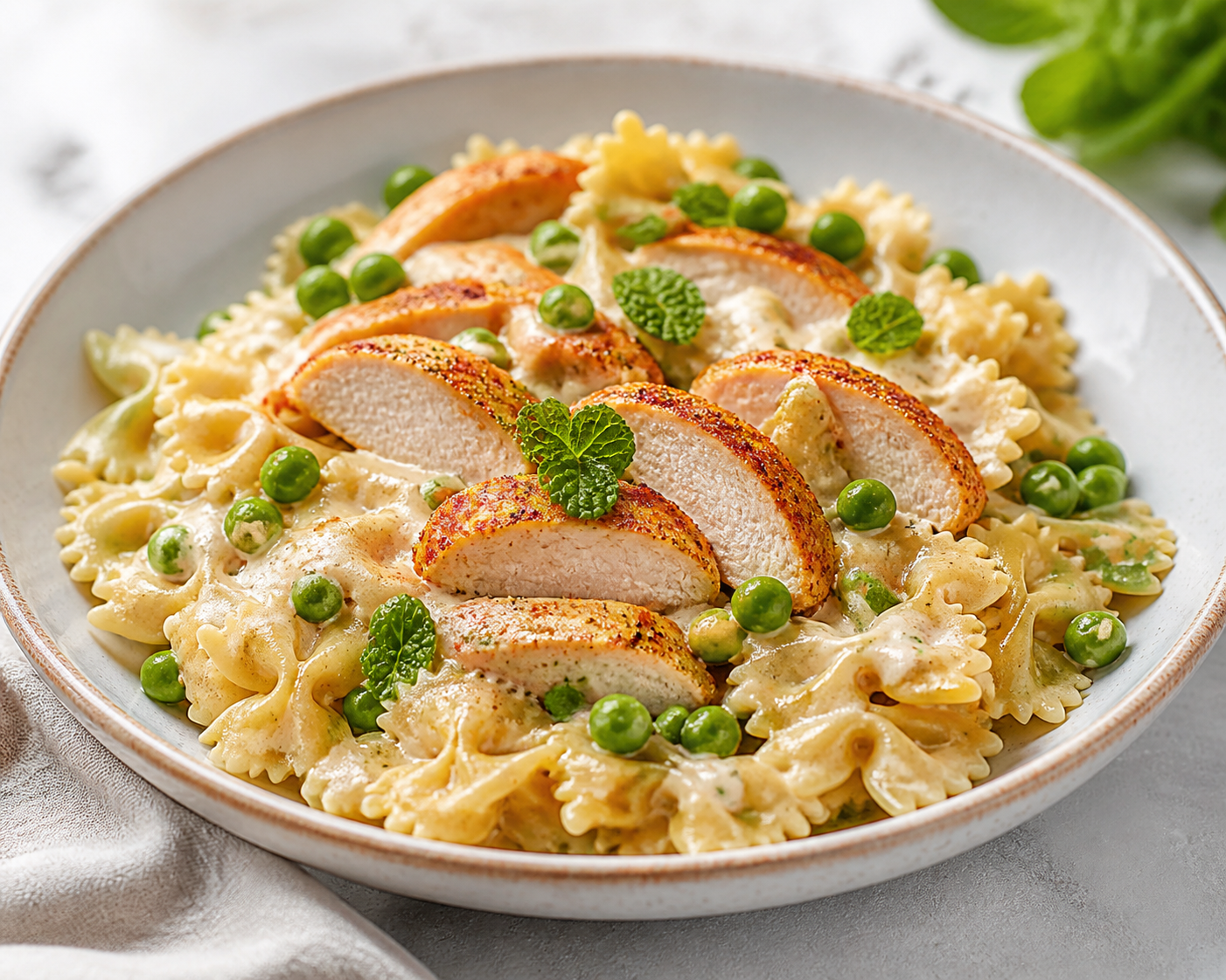 Farfalle exprés con pollo al pimentón, crema ligera de ricotta y guisantes con menta