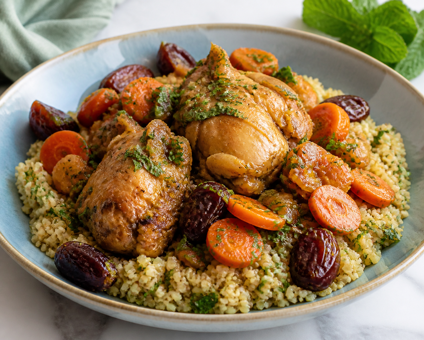 Instant Pot de pollo con dátiles, zanahoria especiada y bulgur de hierbabuena y limón