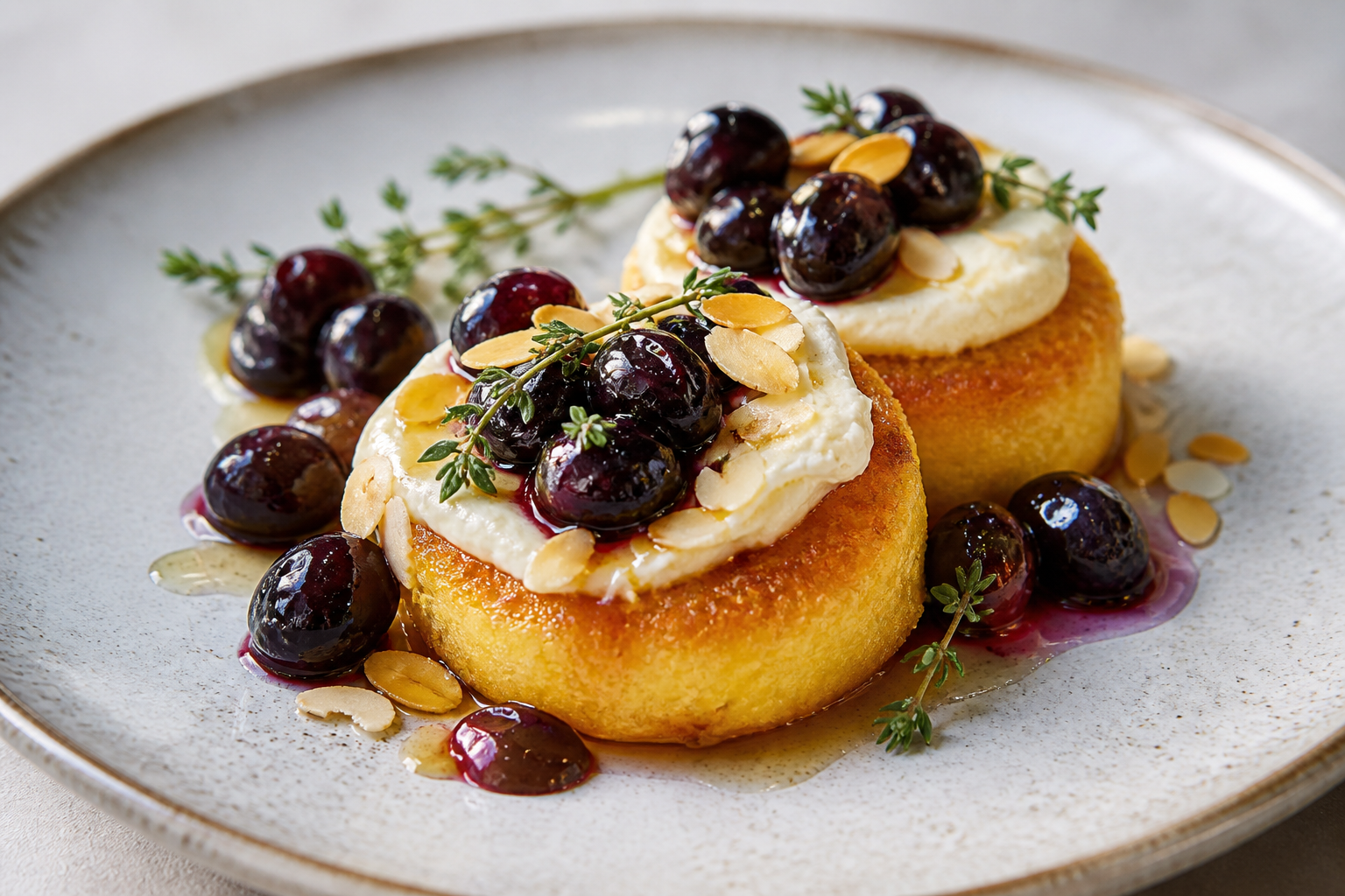Budines tibios de almendra y polenta con uvas negras al tomillo y crema ligera de mascarpone