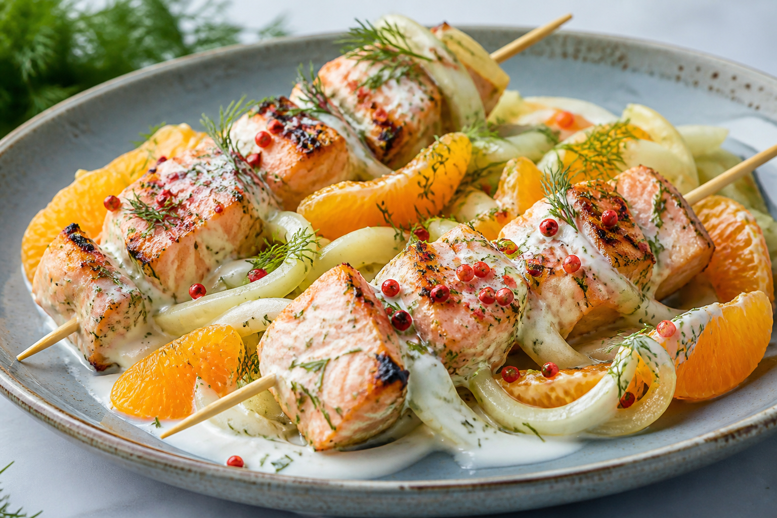 Grilled Salmon Skewers with Fennel, Mandarin and Yogurt Dill Pink Pepper Marinade