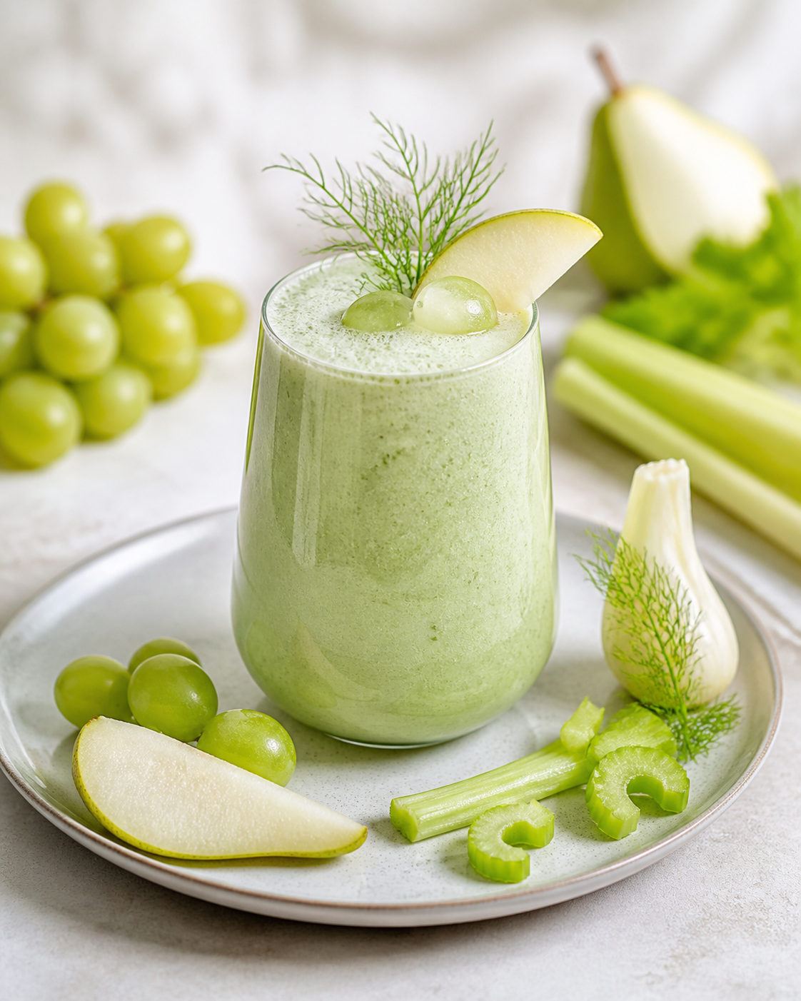 Pear, Celery and Kefir Breeze Smoothie with White Grapes and Fennel