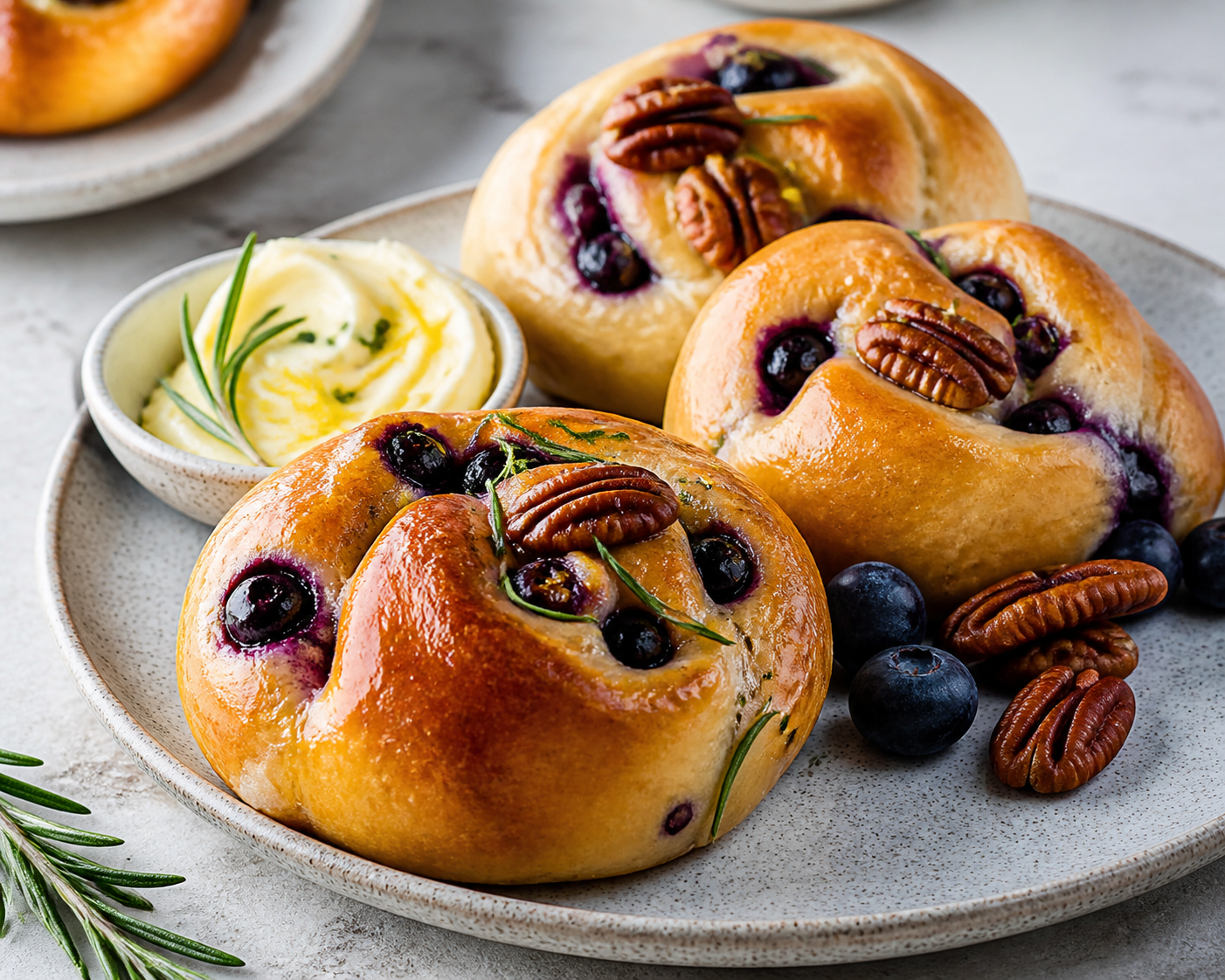 Bakery Rolls with Rosemary-Lemon Butter, Blueberries, and Pecan