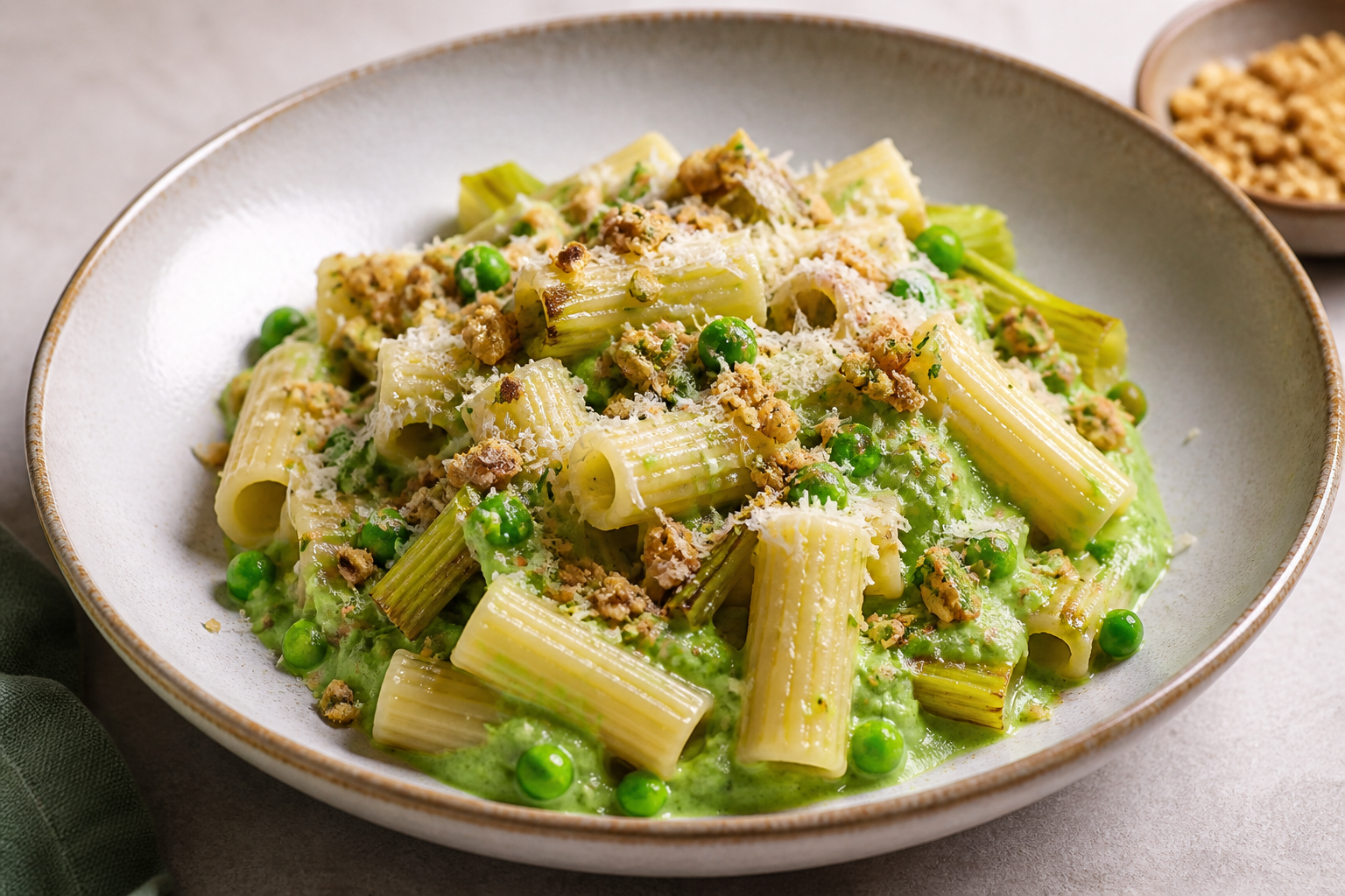 Rigatoni with Pecorino Pea Cream, Braised Leeks and Crunchy Walnut Gremolata