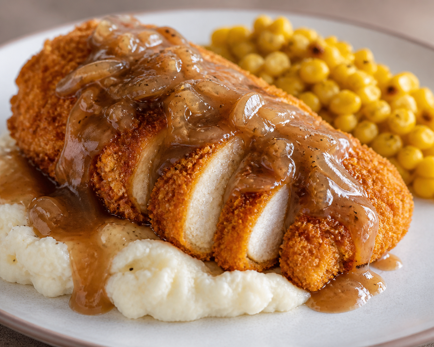 Cornflake-Crusted Crispy Chicken with Roasted Onion Gravy over Cauliflower Mash and Skillet Corn