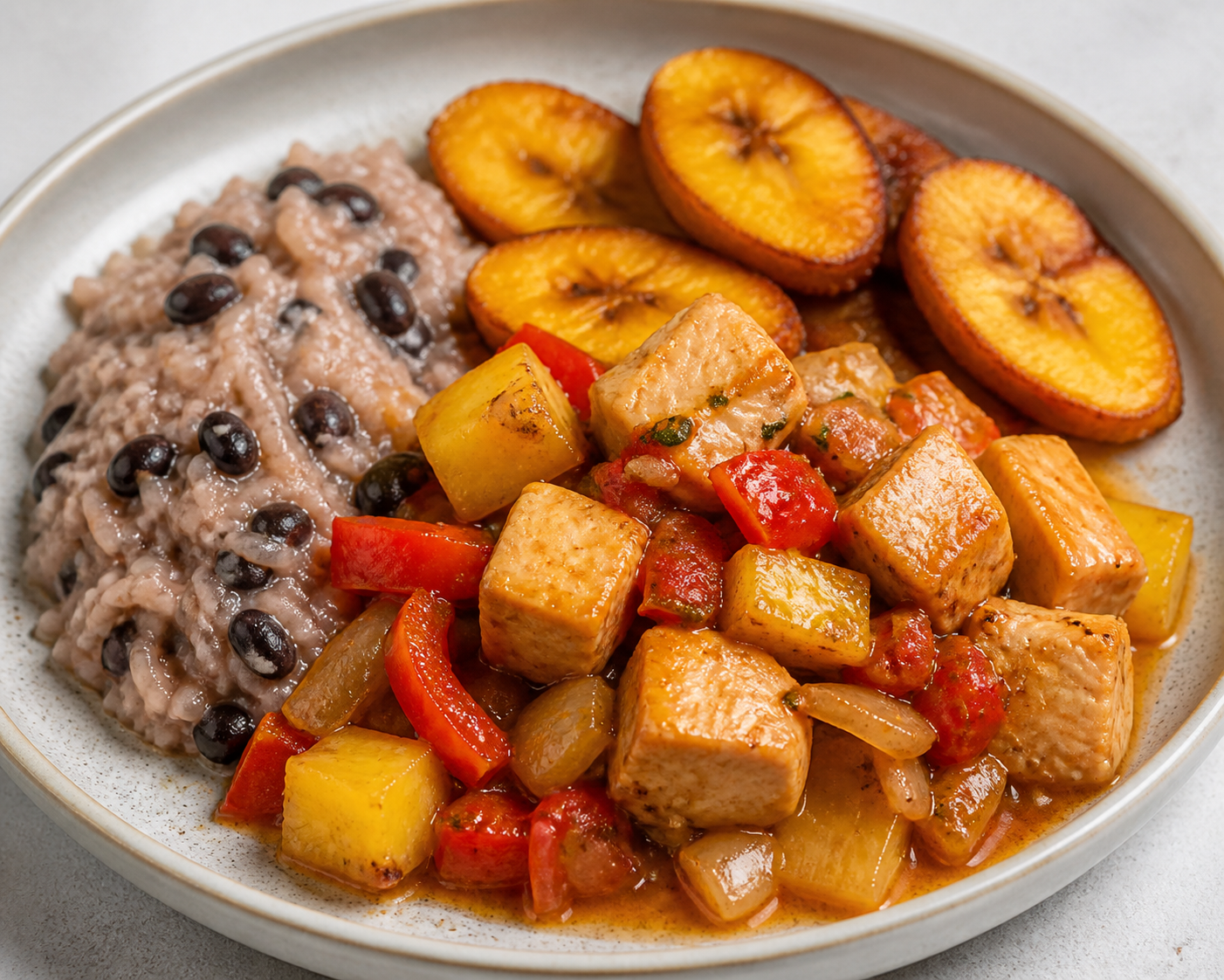 Pavo al guiso de piña asada y ají dulce con arroz cremoso de frijol negro y plátano dorado