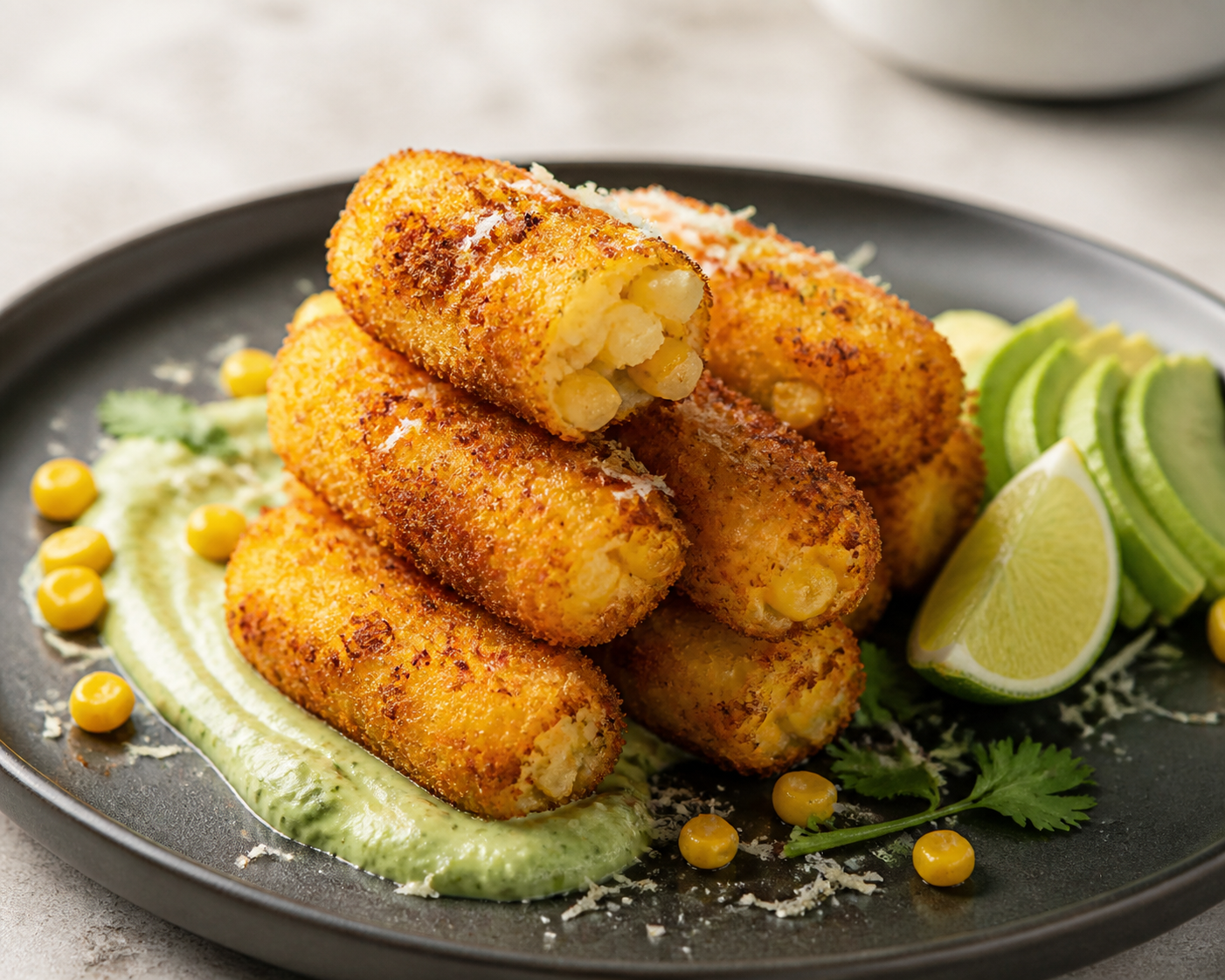 Bastones dorados de papa, maíz tierno y queso manchego con crema de aguacate, lima y cilantro