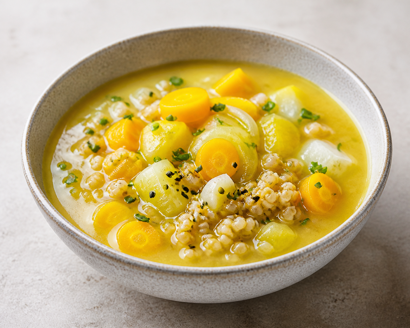 Sopa sedosa de zanahoria amarilla, colinabo y miso suave con arroz crujiente de sésamo