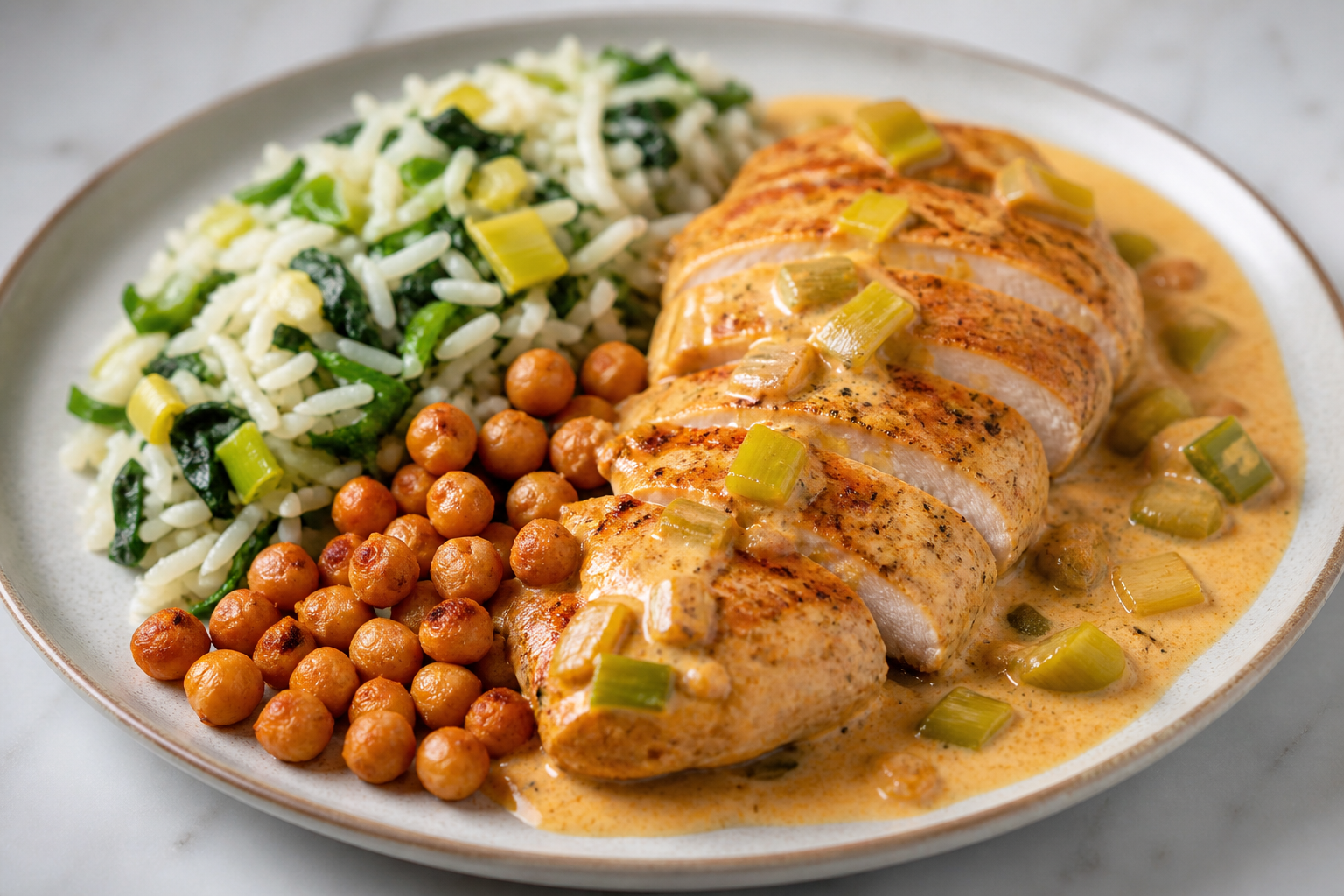 Creamy Paprika Chicken with Spinach Rice and Crispy Chickpeas