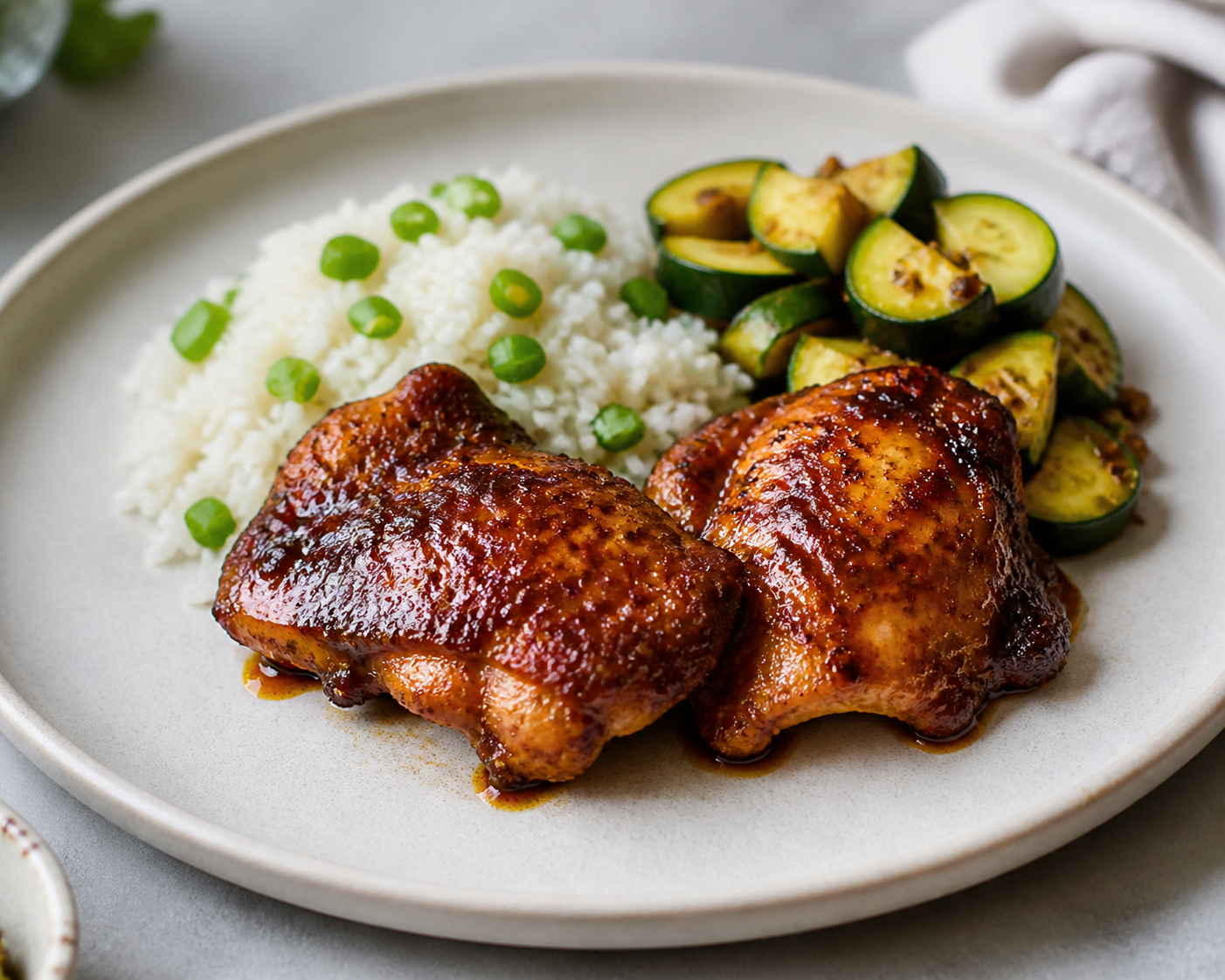 Pollo asado con glaseado de tamarindo y panela, arroz cremoso de cebollín y calabacitas al comino