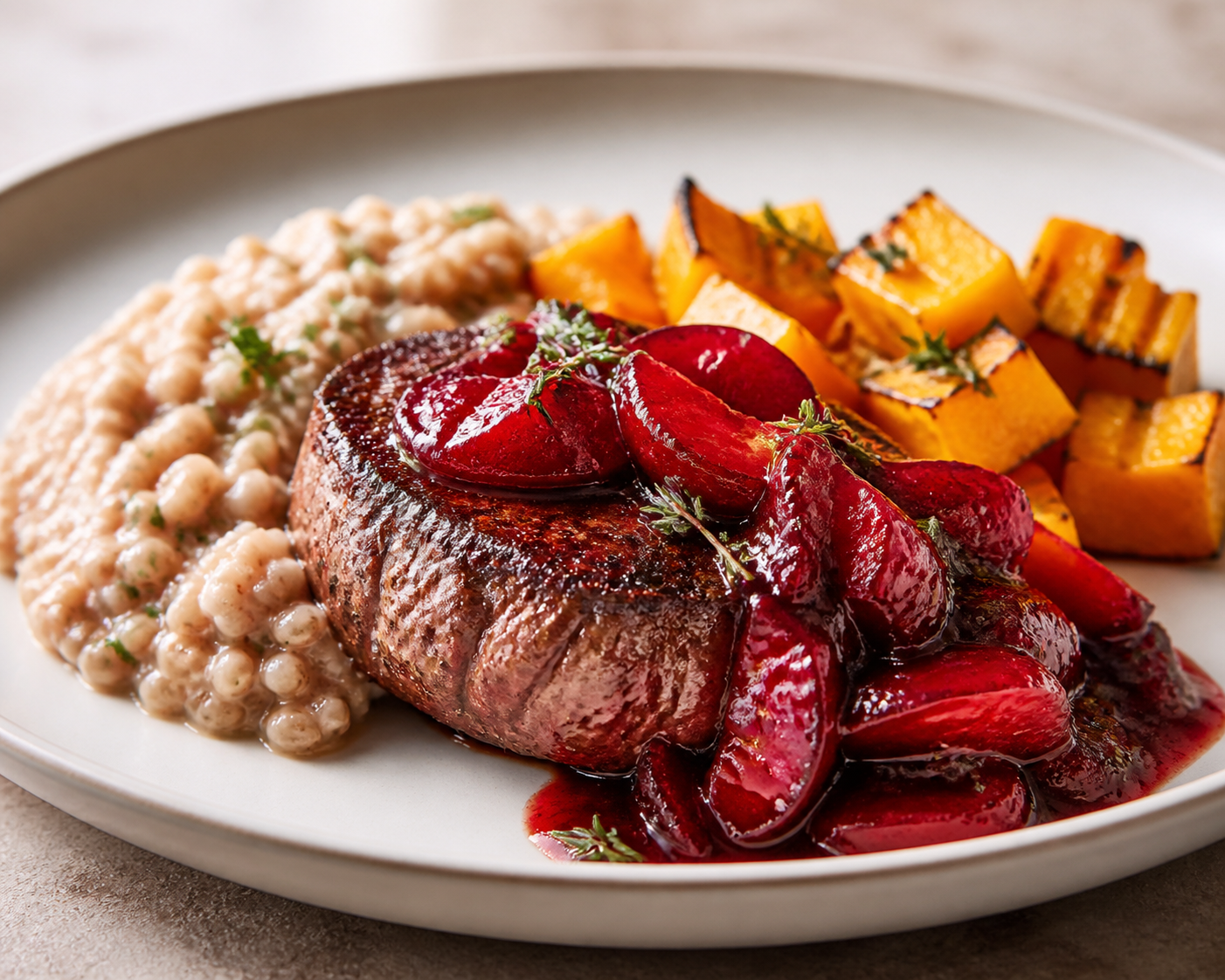 Bistec de Res con Salsa de Ciruela Asada y Tomillo, acompañado de Farro Cremoso y Calabaza Dorada