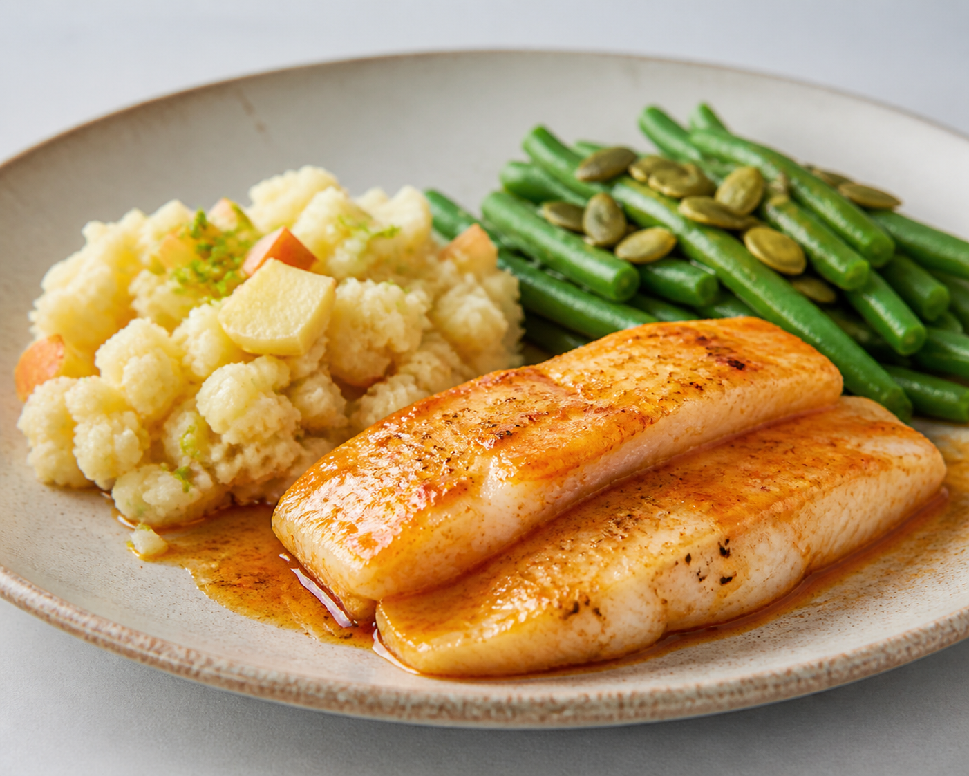 Citrus Paprika Glazed Sea Bass with Rustic Kohlrabi-Apple Mash and Pepita Green Beans