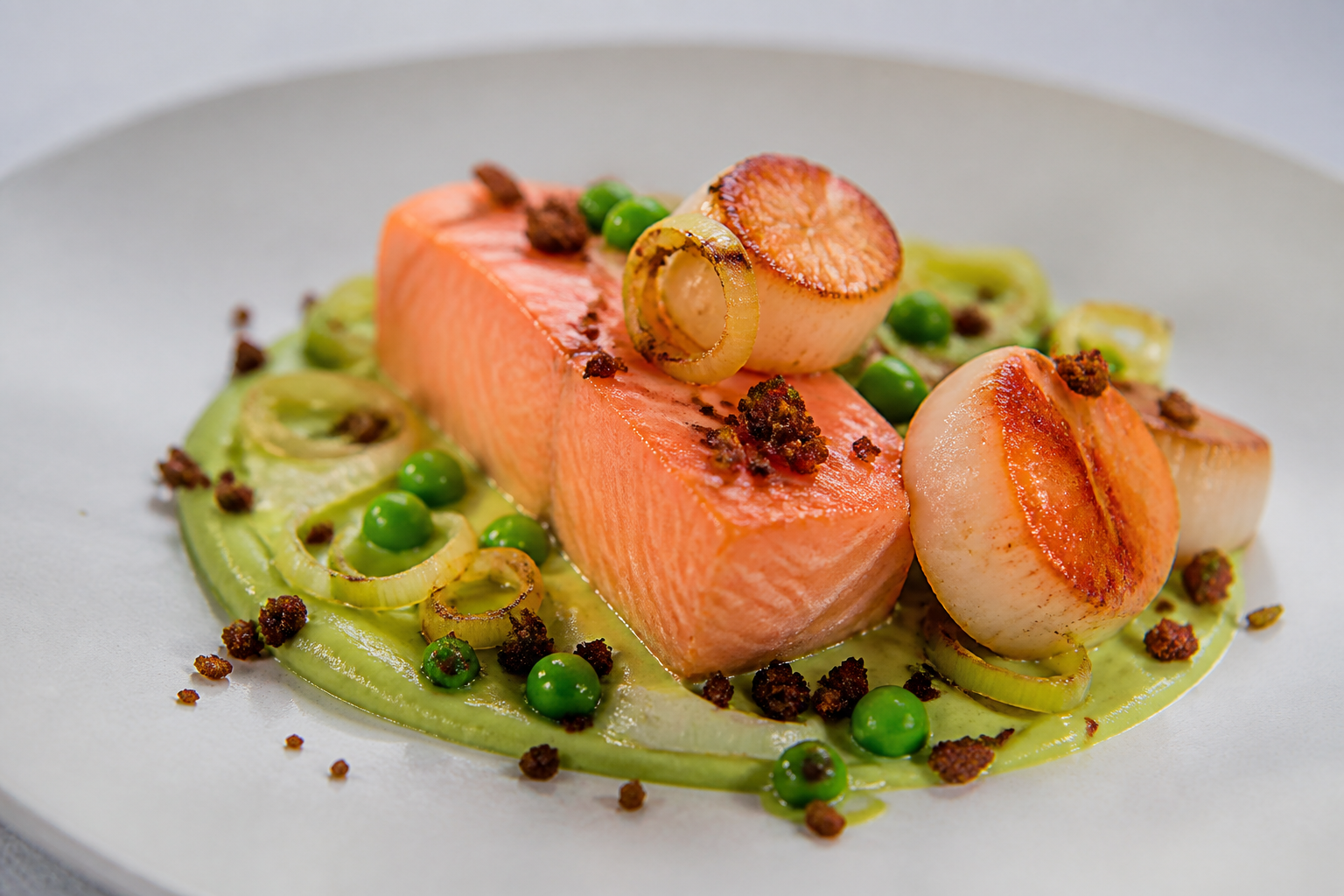 Salmon with warm leek and pea cream, vermouth-glazed scallops, and crispy rye crumbs