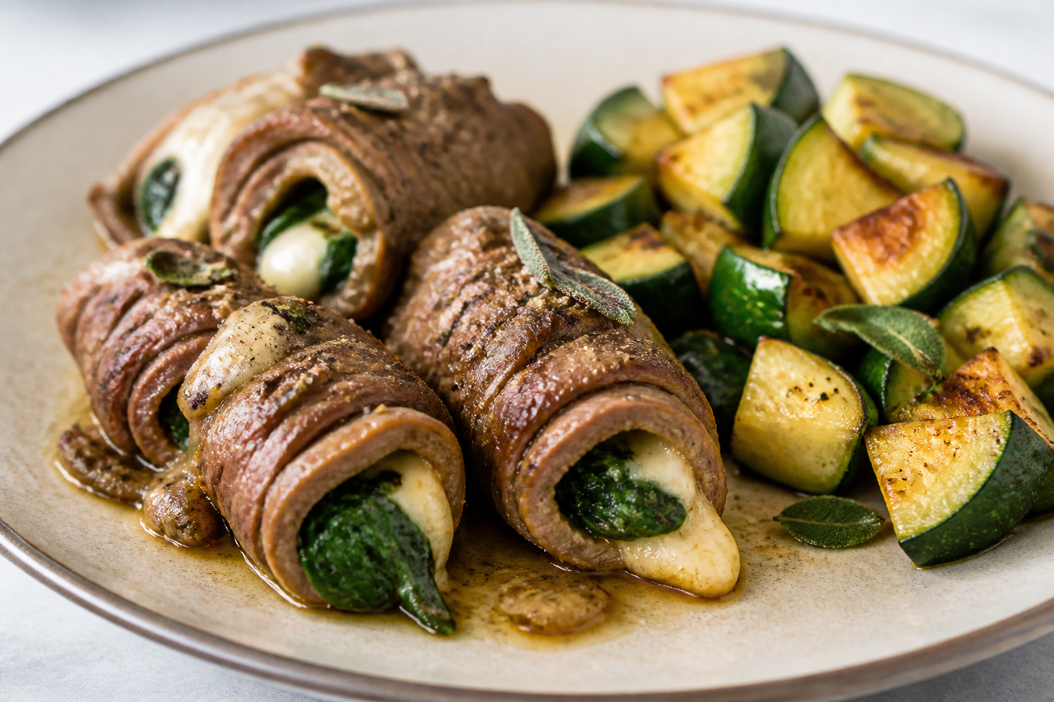 Rollitos Keto de Ternera con Provolone, Mantequilla de Salvia y Calabacín Asado