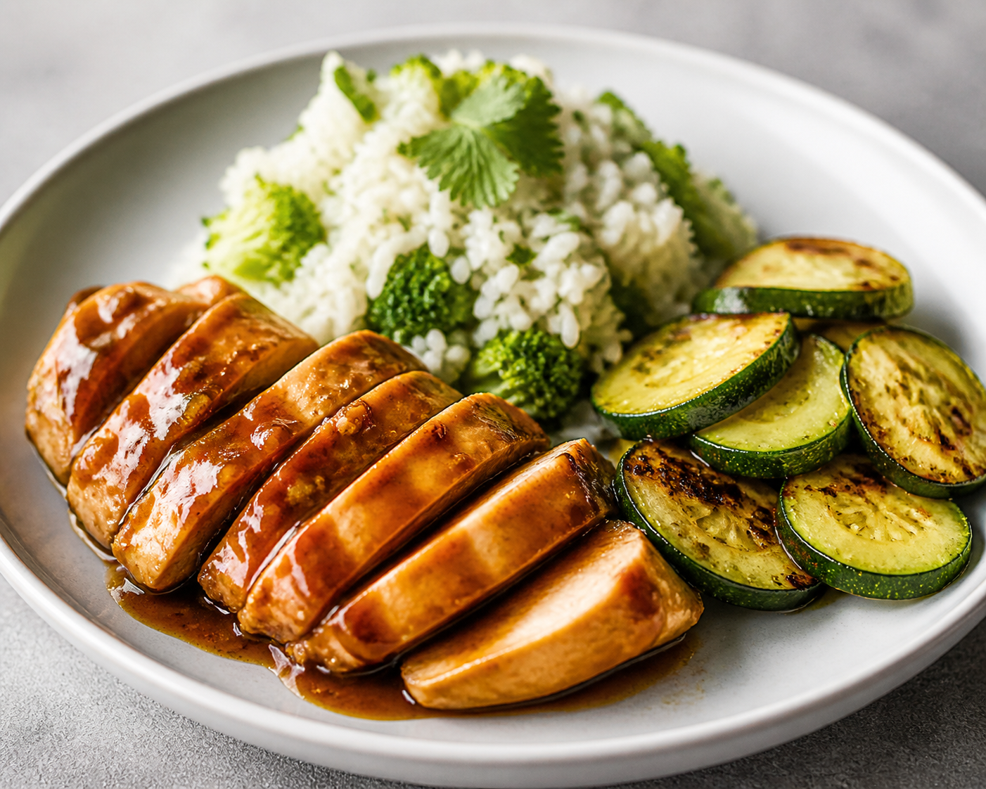 Mild Tamarind-Glazed Chicken with Cilantro Broccoli Rice and Seared Zucchini