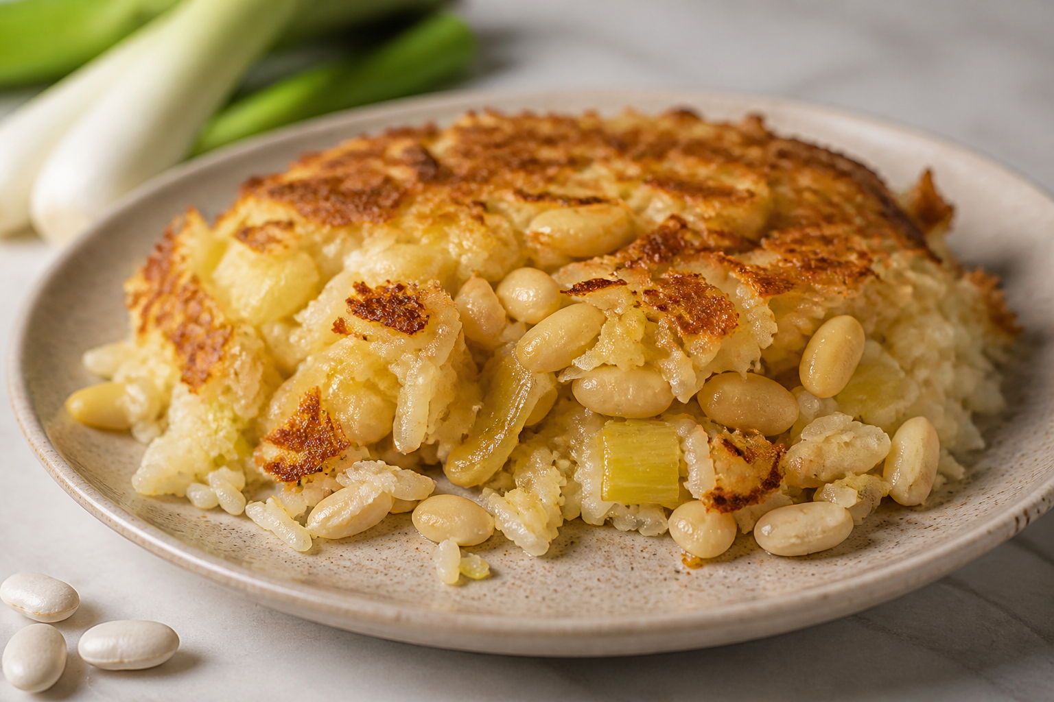 Pastel económico crujiente de arroz, puerro y alubias blancas