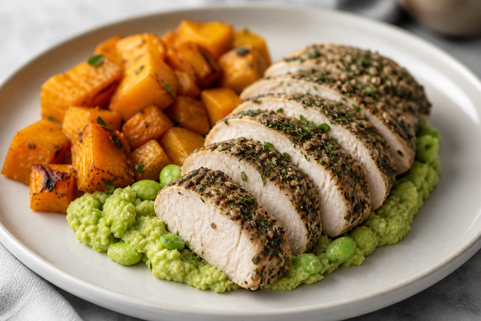 Pavo en Costra de Hierbas y Chía con Puré Cremoso de Edamame y Calabaza Asada al Ajo