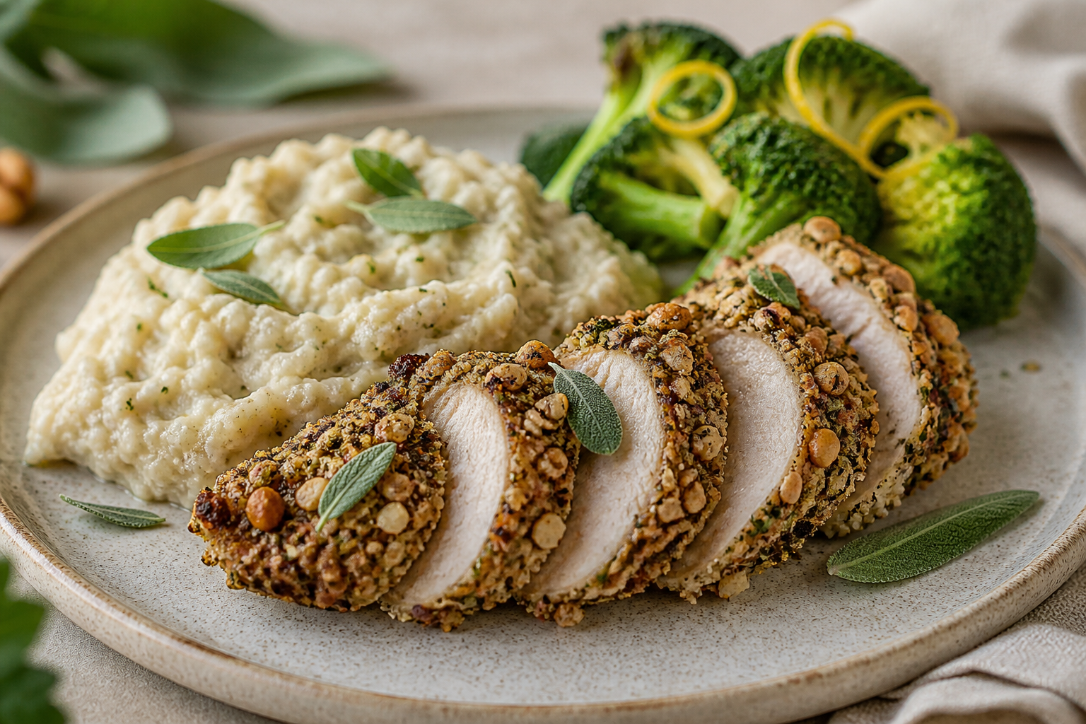 Pavo al horno con costra de nuez y salvia sobre puré rústico de coliflor y apio nabo con brócoli al limón