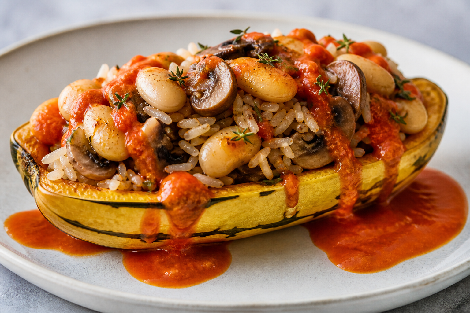 Calabaza delicata rellena de arroz de setas al tomillo, alubias mantecosas crujientes y salsa de pimiento asado y limón