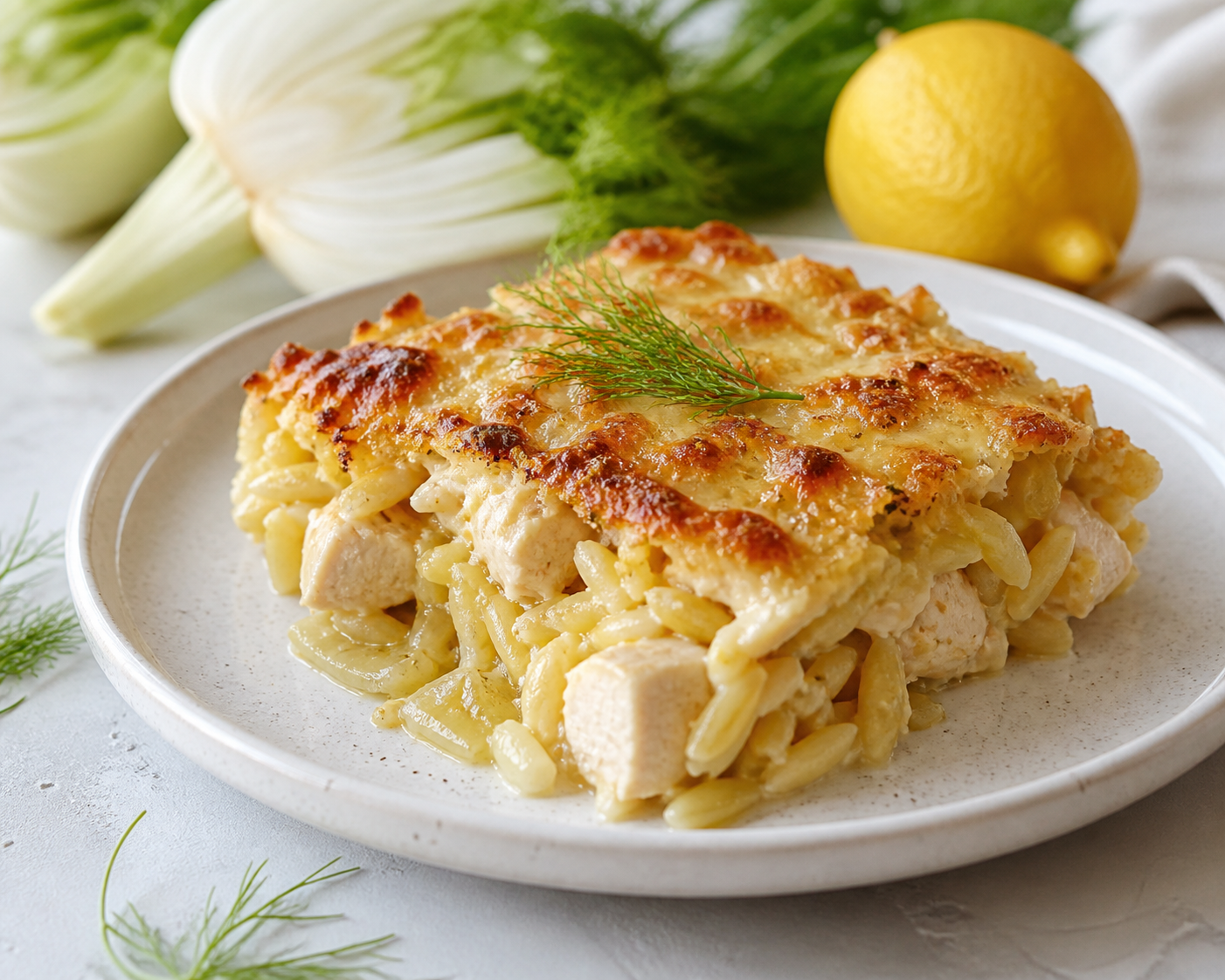 Family Orzo Bake with Lemon Chicken, Tender Fennel and Gruyère Crust
