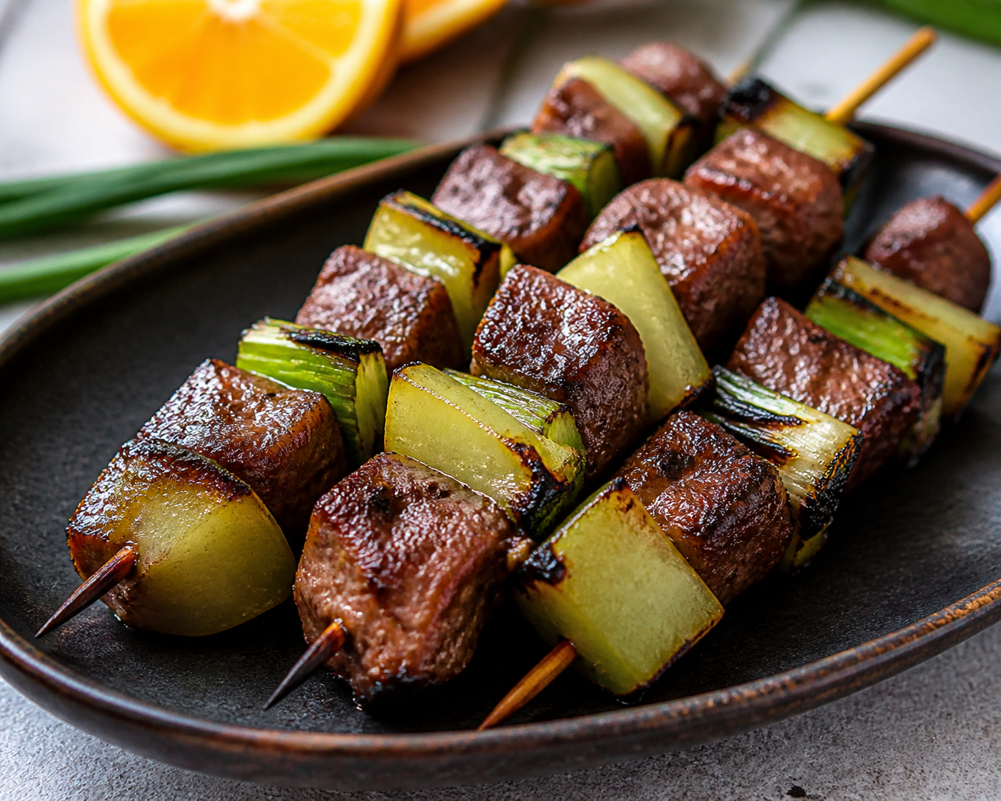 Grilled Beef Skewers with Chayote, Spring Onion, and Coffee-Piloncillo Orange Marinade