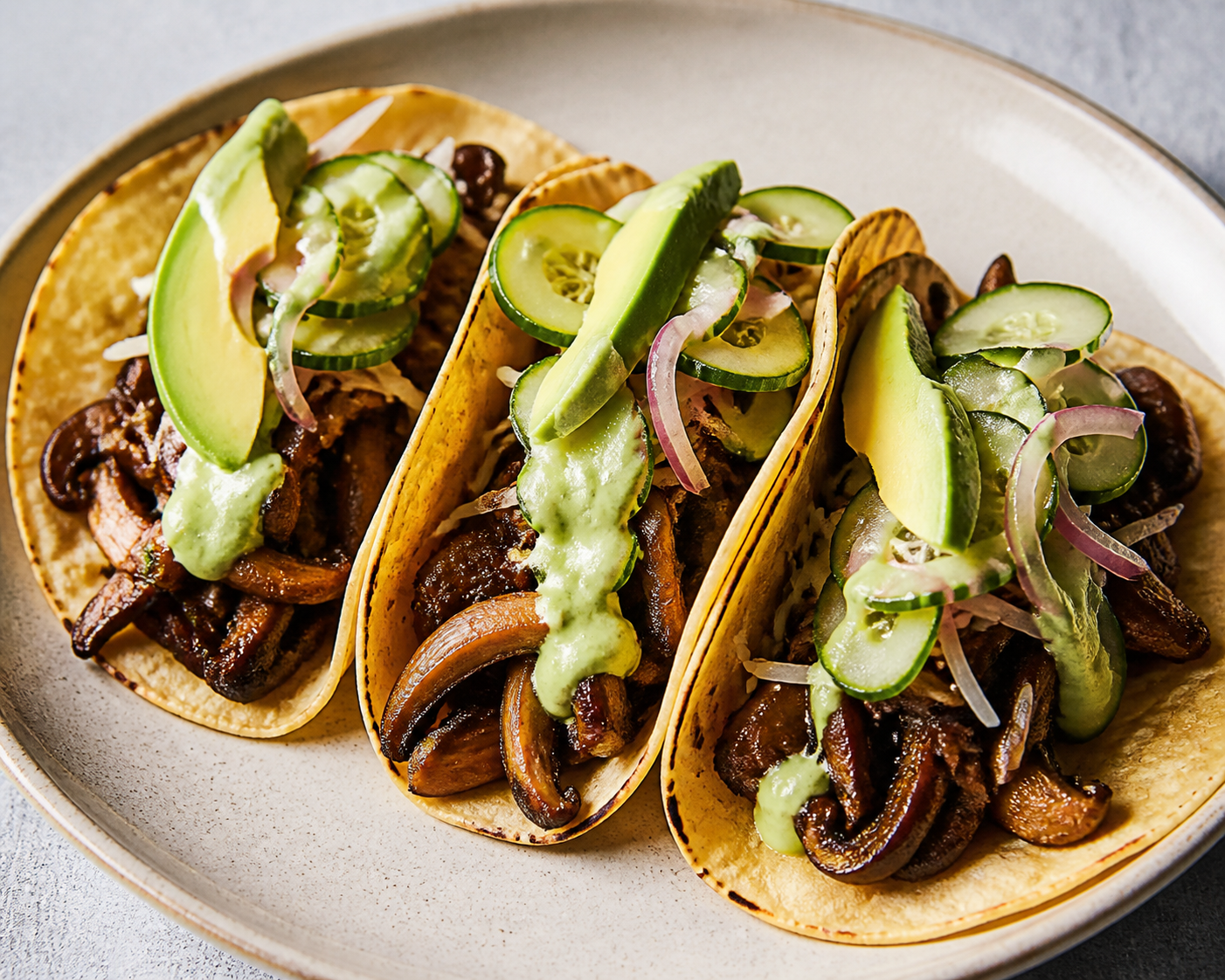 Crispy Air Fryer Adobo Mushroom Tacos with Avocado Cream and Quick Pickled Cucumber
