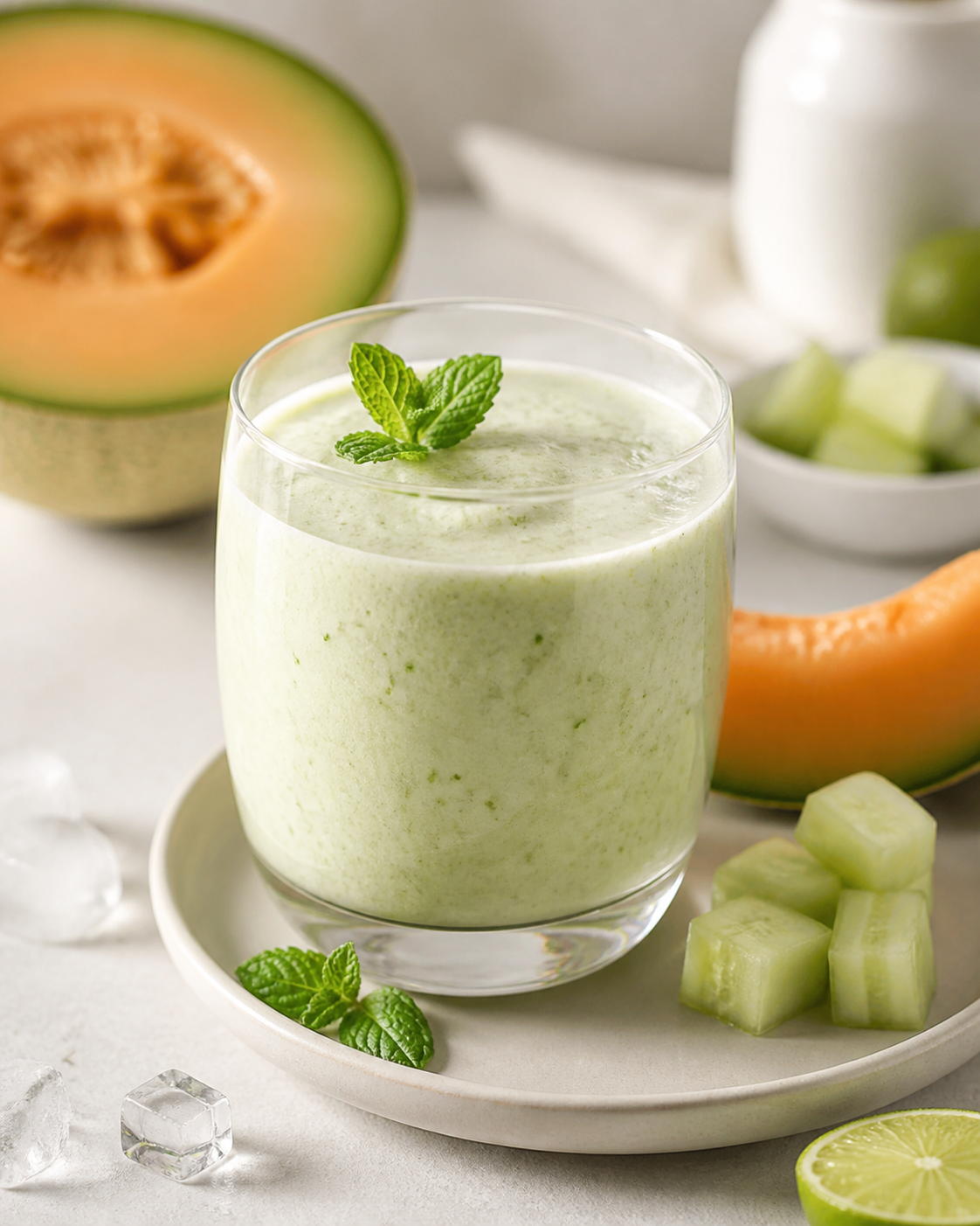 Melon, Cucumber and Yogurt Prism Smoothie with Lime and Mint