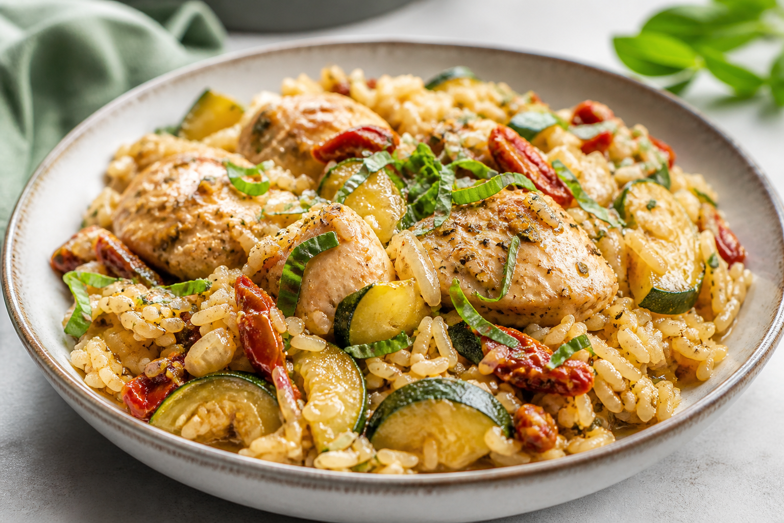 Instant Pot Chicken with Zucchini, Sun-Dried Tomatoes, and Creamy Basil Rice