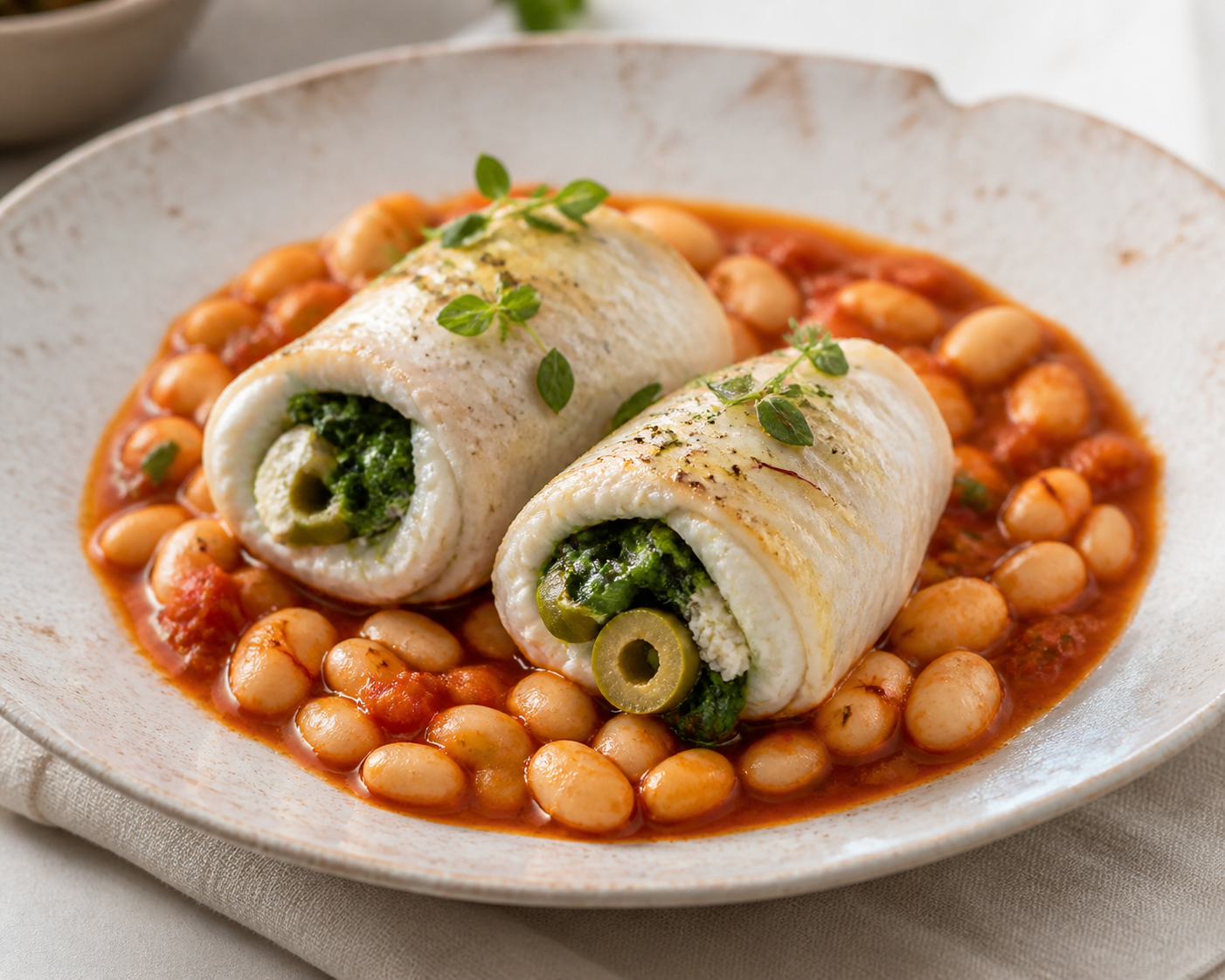 Rollitos de Lenguado Mediterráneos con Relleno de Espinaca, Aceituna y Ricotta sobre Judías Blancas al Tomate y Azafrán
