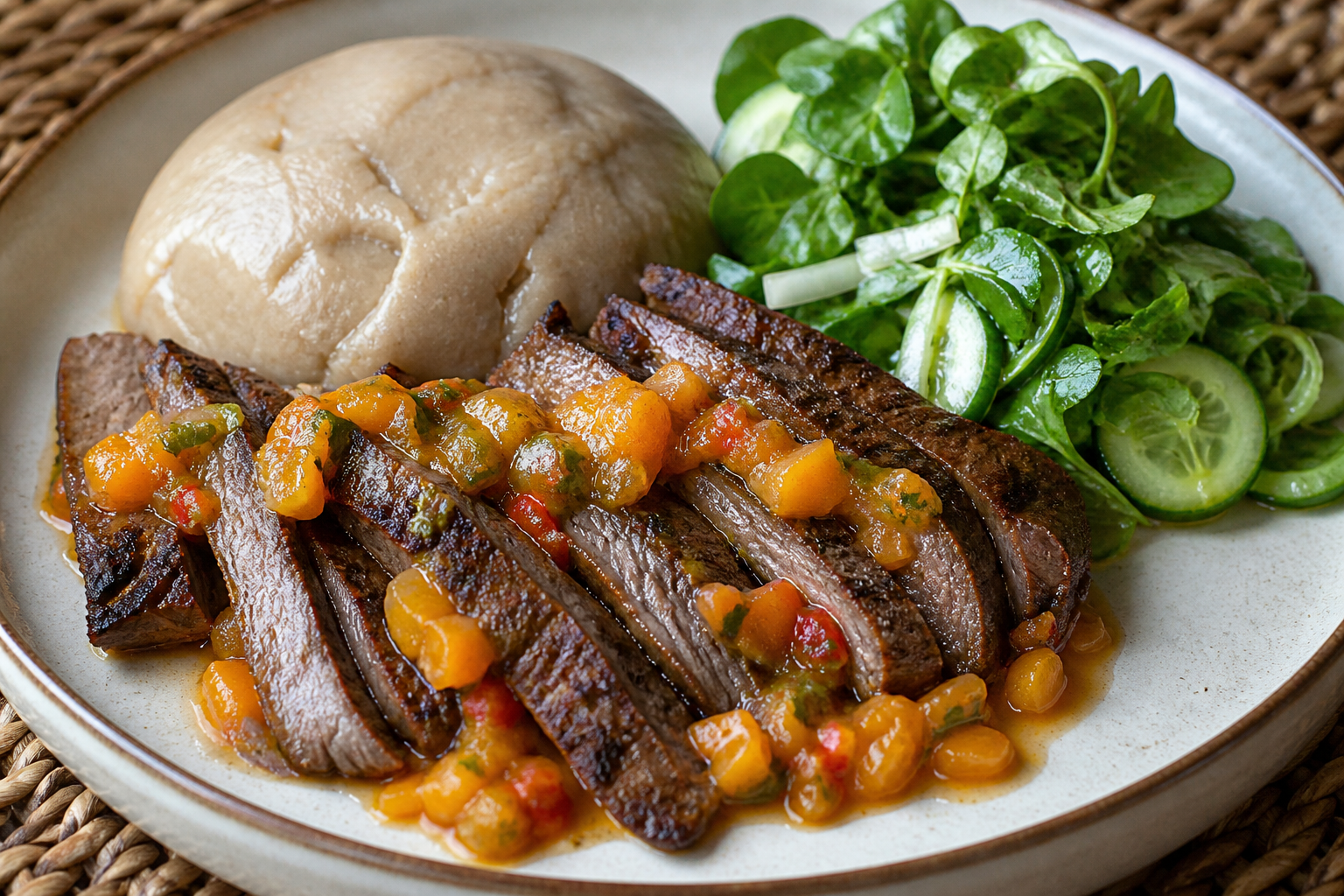 Caribbean Beef Steak with Mild Chili Guava Mojo over Malanga Fufu and Watercress Cucumber Salad