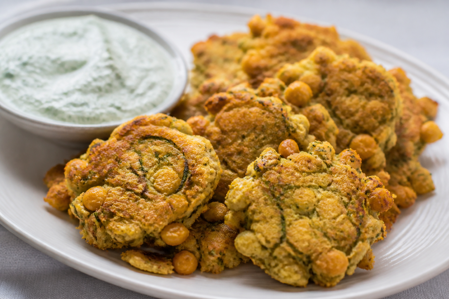 Crispy Chickpea, Zucchini and Halloumi Shards with Roasted Lemon Mint Dip