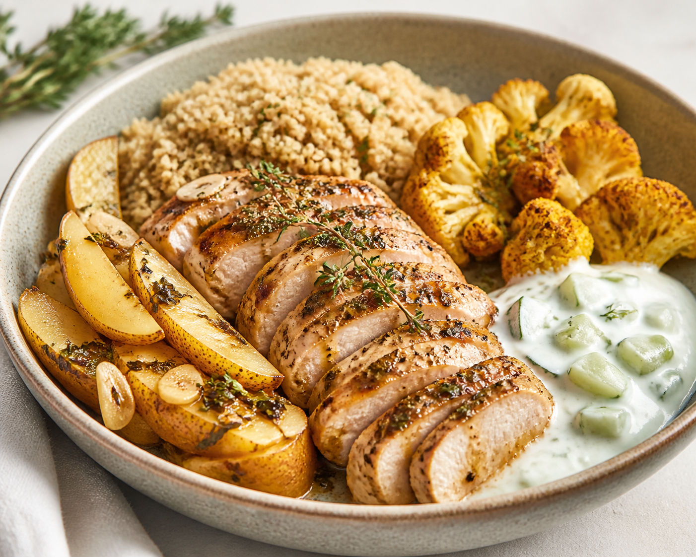 Warm Turkey Bowl with Pear-Thyme Adobo, Whole Wheat Couscous, Golden Cauliflower, and Cucumber Yogurt