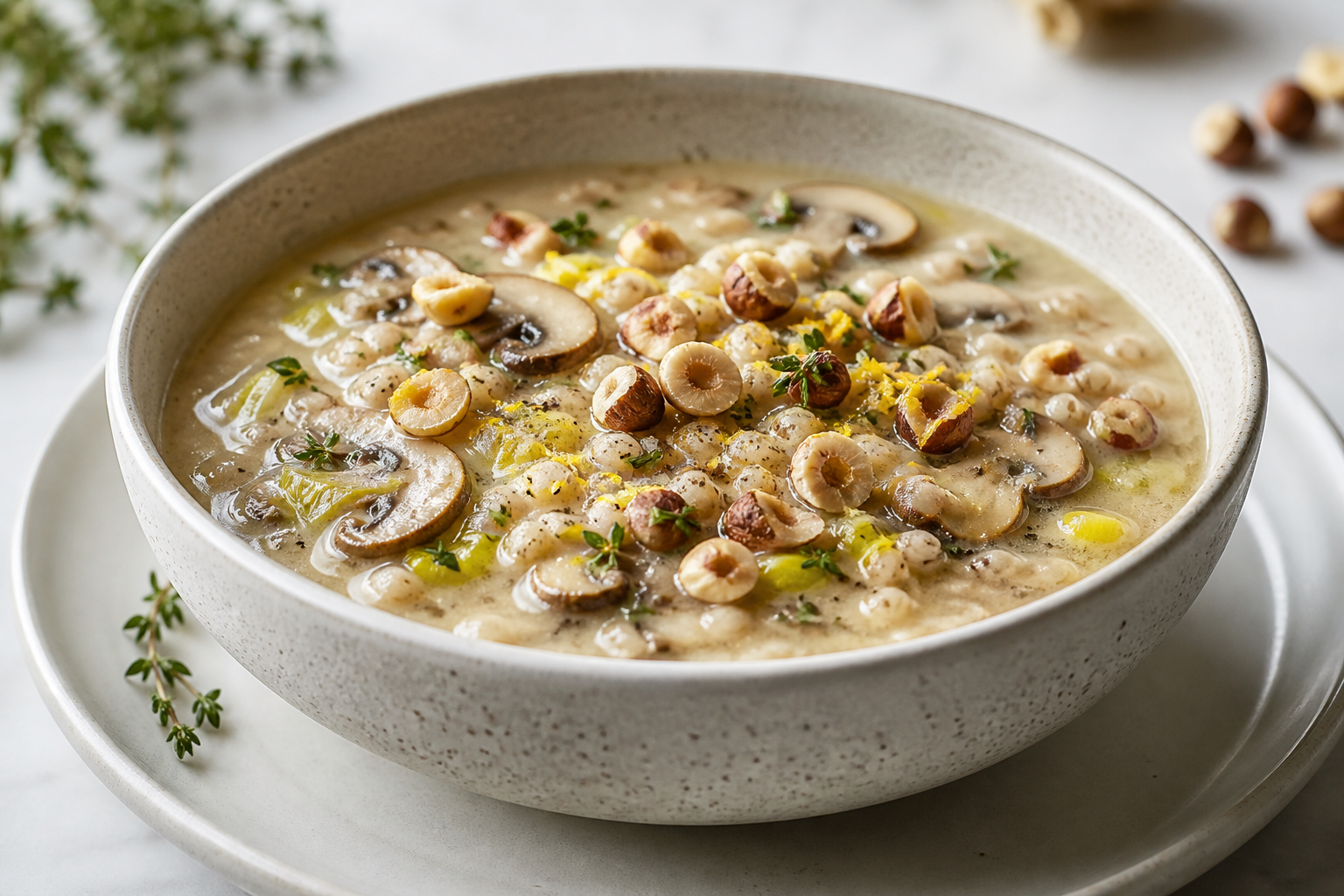 Sopa cremosa de champiñones, puerro y cebada perlada con tomillo, limón y avellanas tostadas