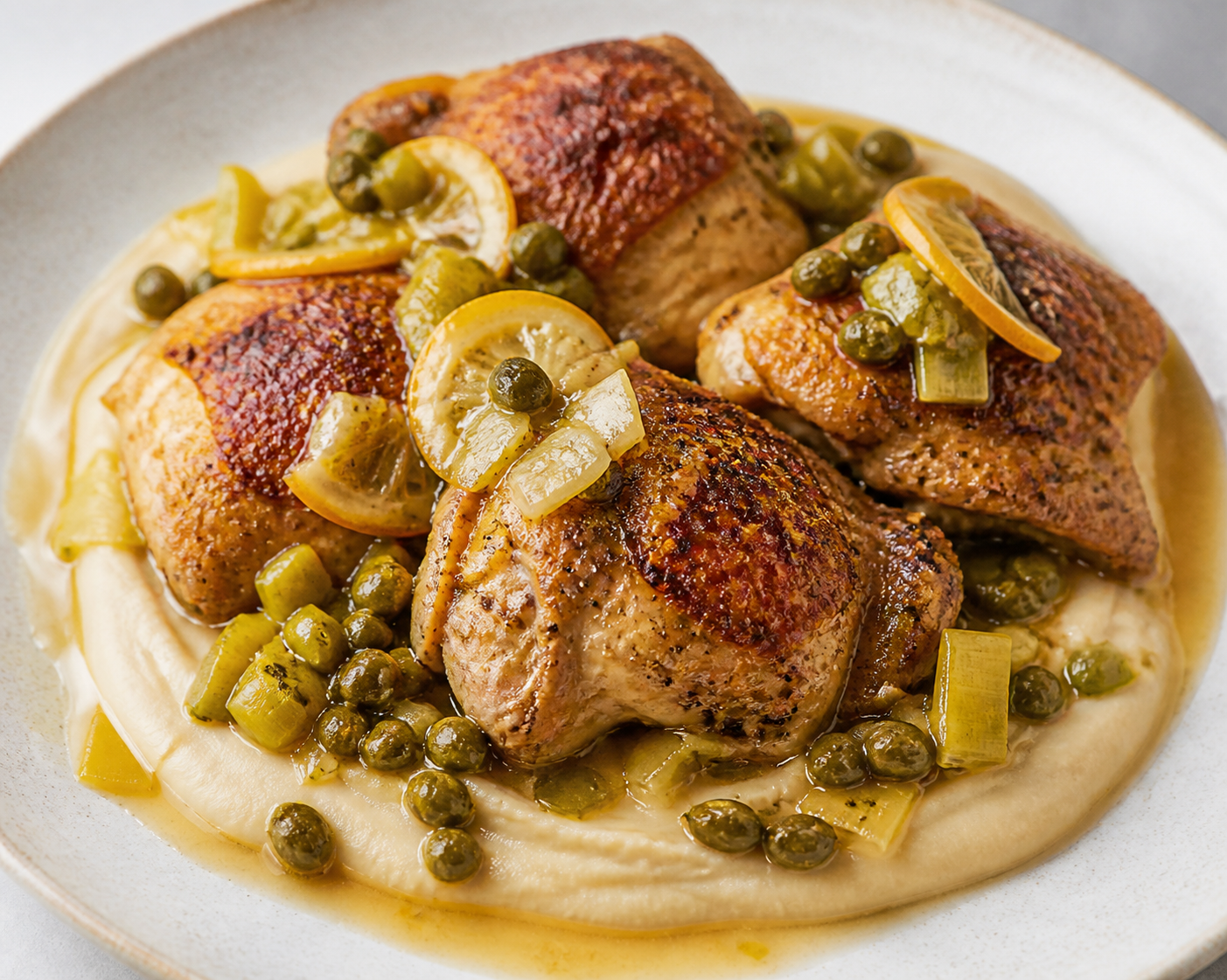 Oven-Baked Chicken with Leek, Preserved Lemon and Capers Sauce over White Bean Purée