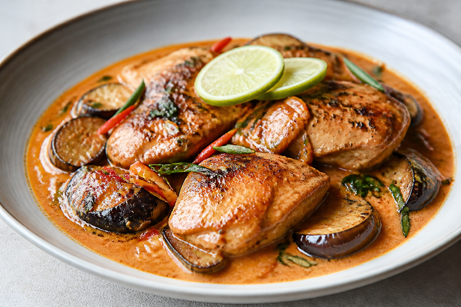 Keto Chicken Thighs in Red Curry Lime Butter Coconut Sauce with Golden Eggplant